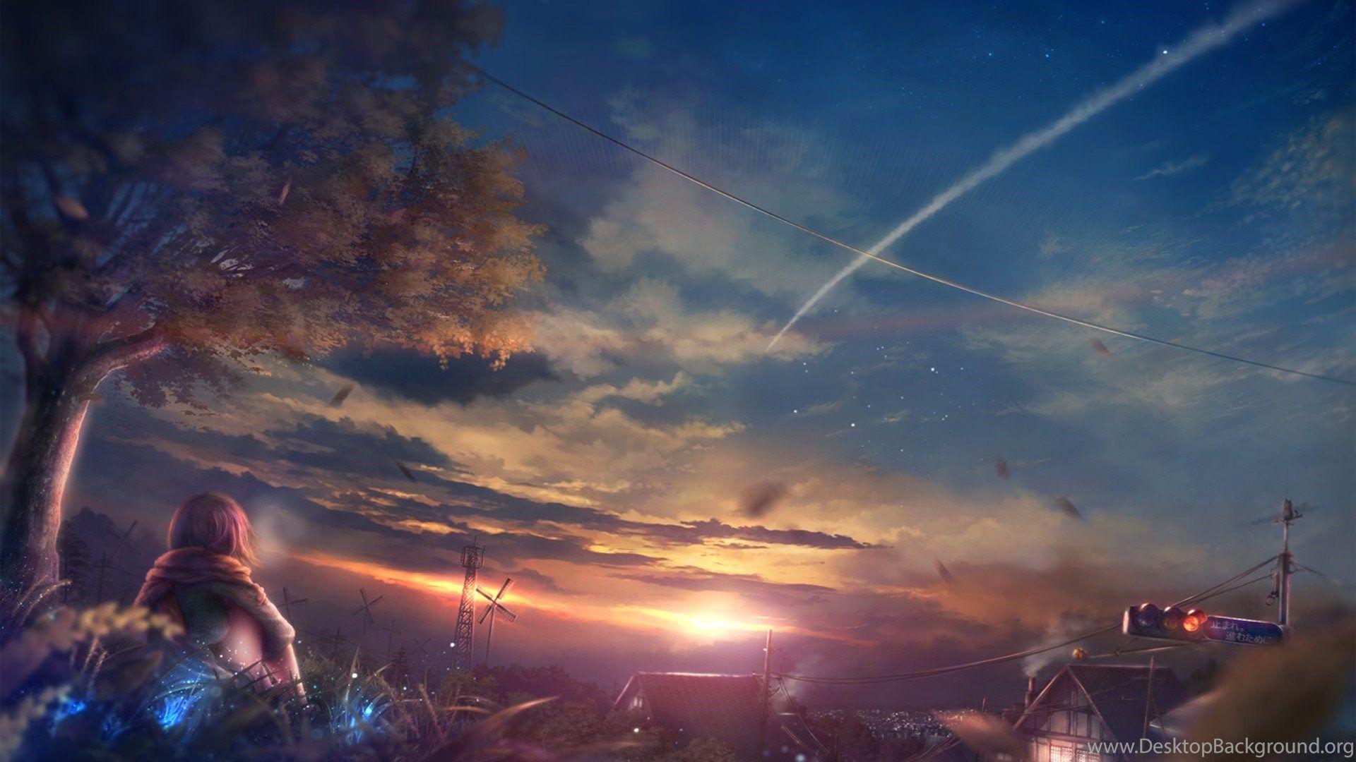 1920x1080 Beautiful Scenery Anime Girl At Sunset Wallpaper Desktop Background