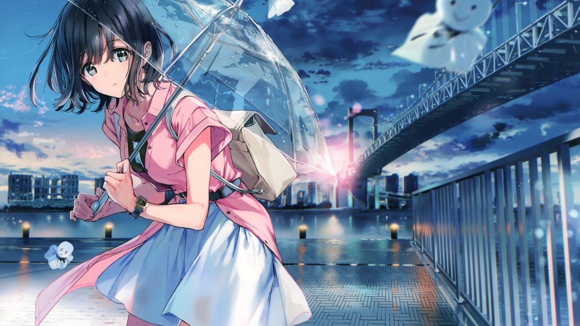 1920x1080 Download 1920x1080 Anime Girl, Ghost, Bridge, Transparent Umbrella, Skirt, Scenery Wallpaper for Widescreen