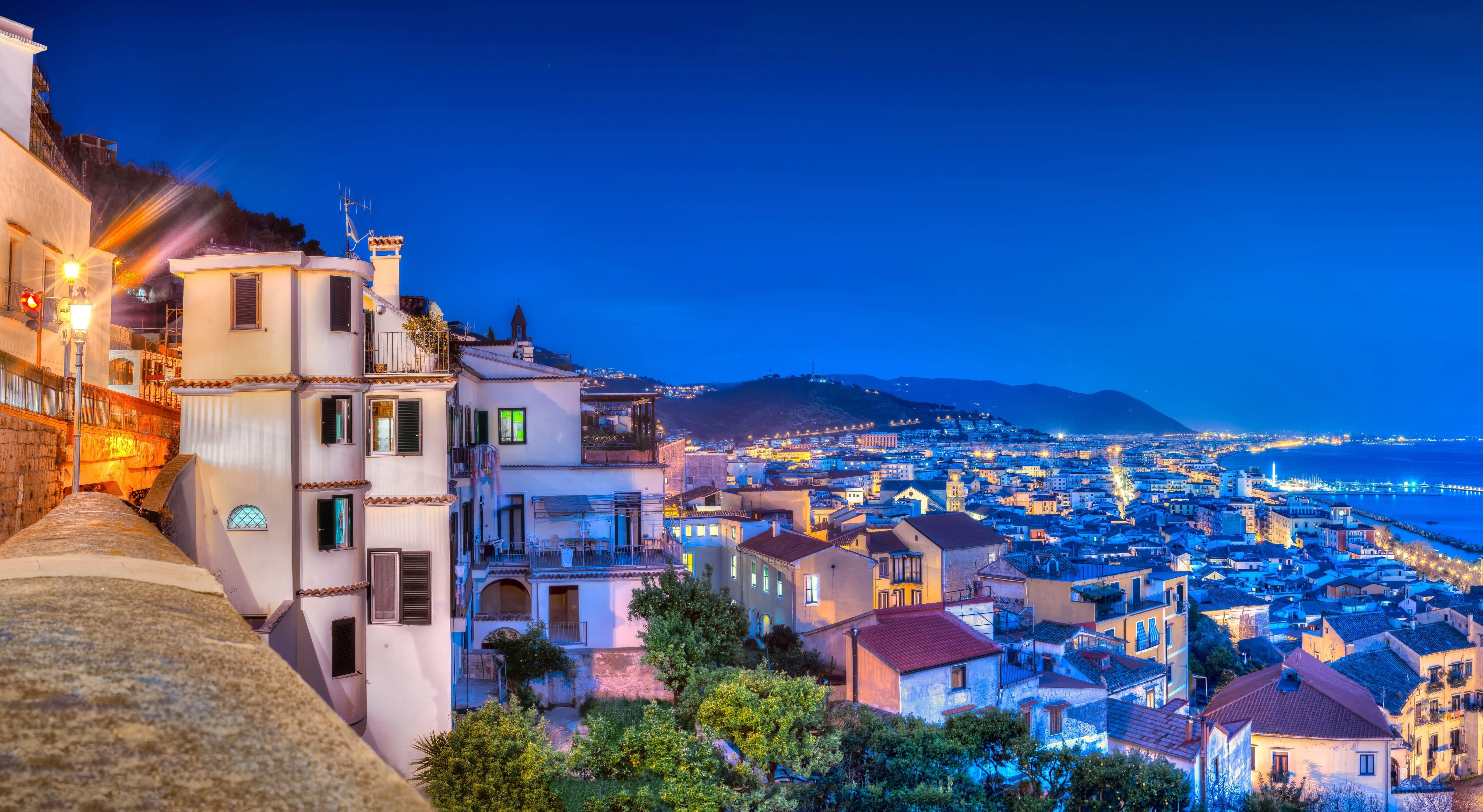 5900x3231 Wallpaper Gulf of Salerno, Amalfi Coast, Italy, Salerno, night city