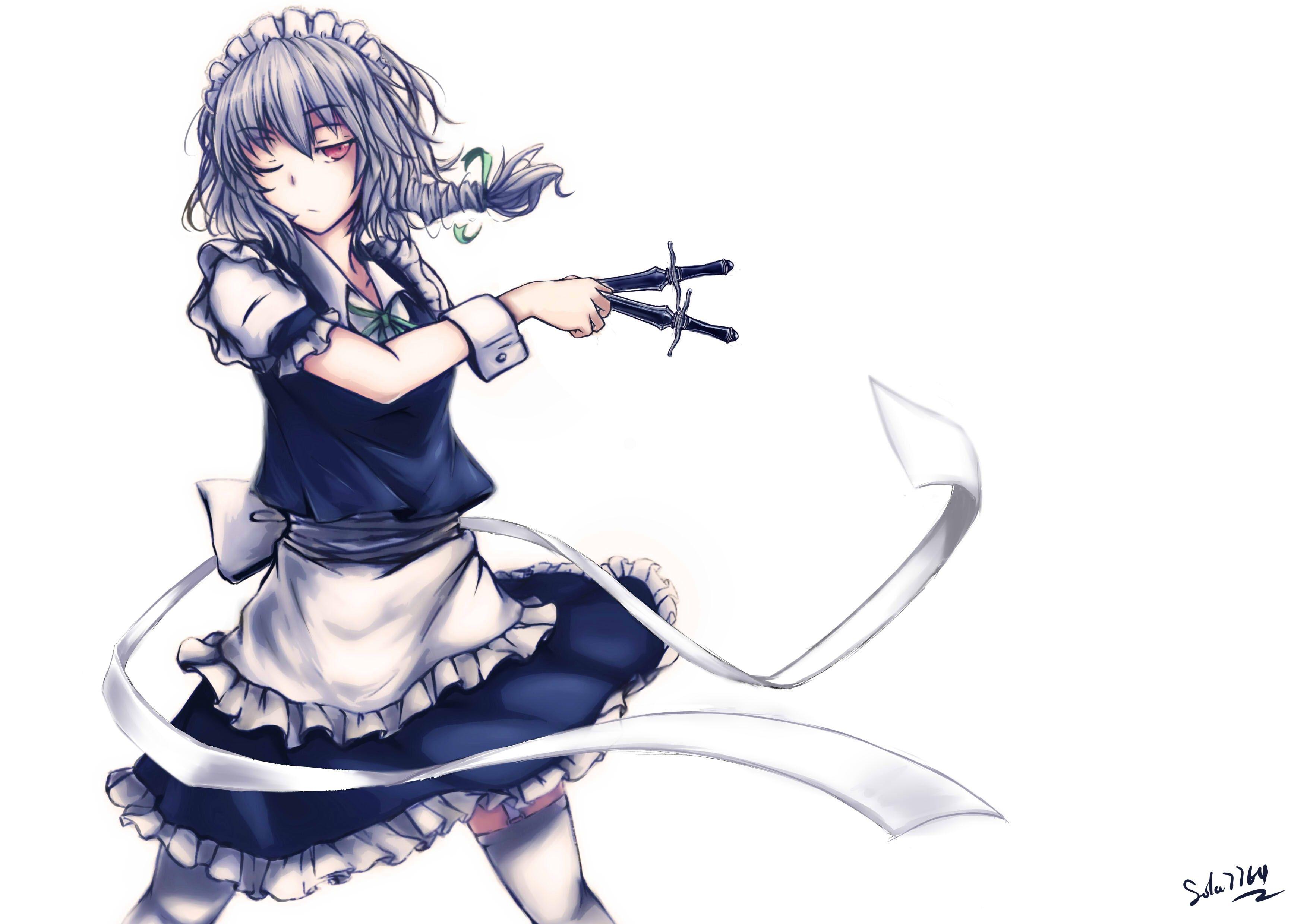 3507x2480 video, Games, Touhou, Dress, Maids, Weapons, Izayoi, Sakuya, Knives, Simple, Background, Anime, Girls, Hair, Band Wallpaper HD / Desktop and Mobile Background