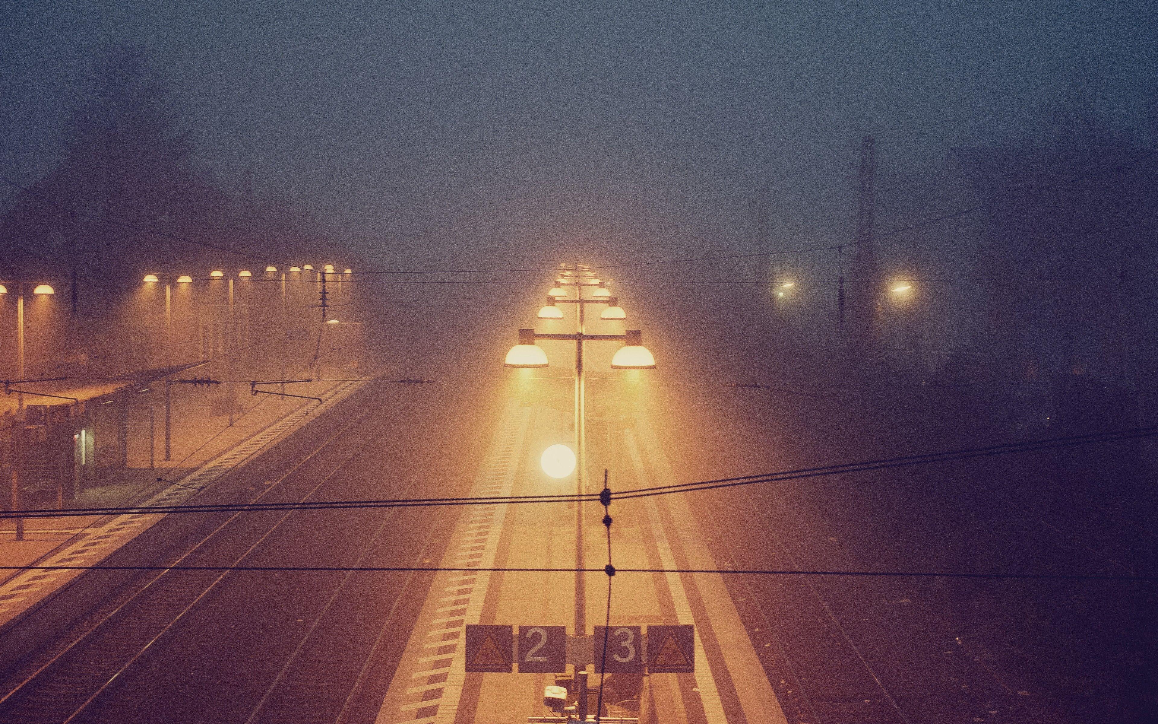 3840x2400 Train Station Foggy Night 4K Ultra HD Desktop Wallpaper