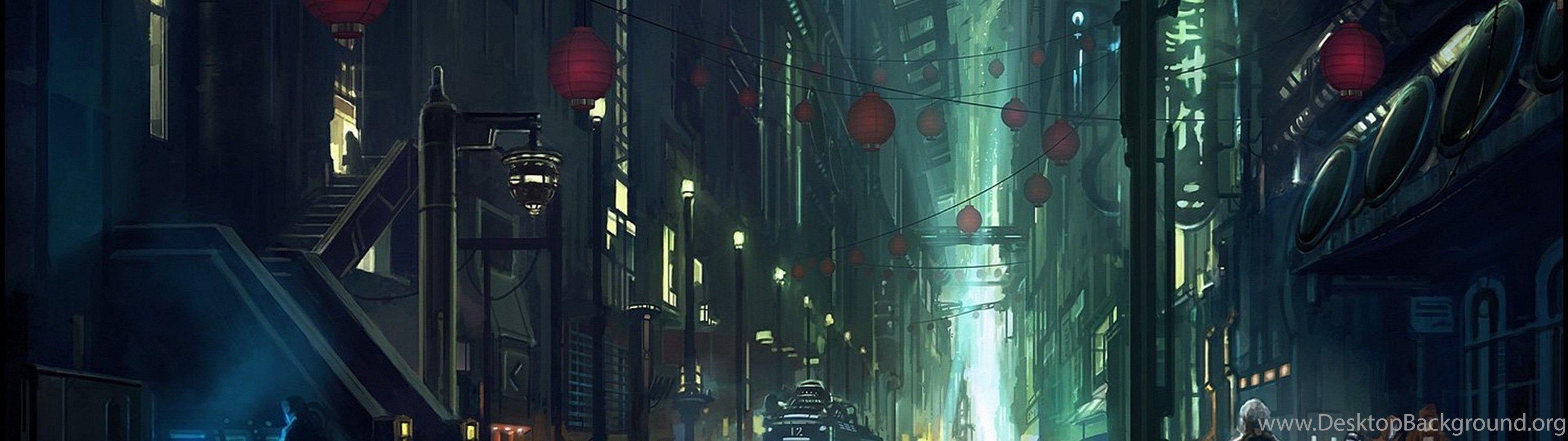 3840x1080 Anime City Scenery Wallpaper Desktop Background
