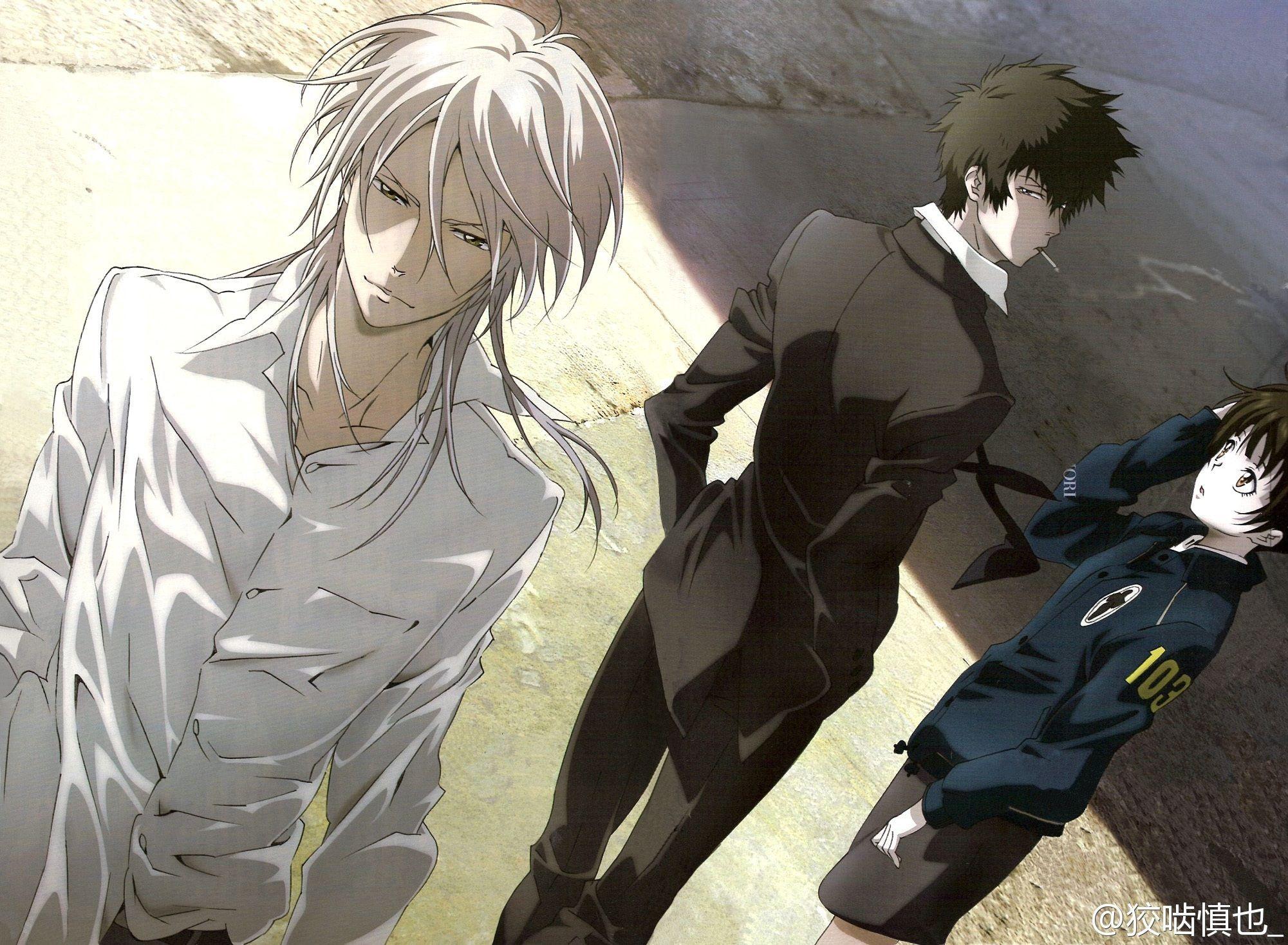 2001x1468 black, Hair, Brown, Hair, Cigarette, Kougami, Shinya, Makishima, Shougo, Psycho pass, Scan, Suit, Tie, Tsunemori, Akane, White, Hair Wallpaper HD / Desktop and Mobile Background