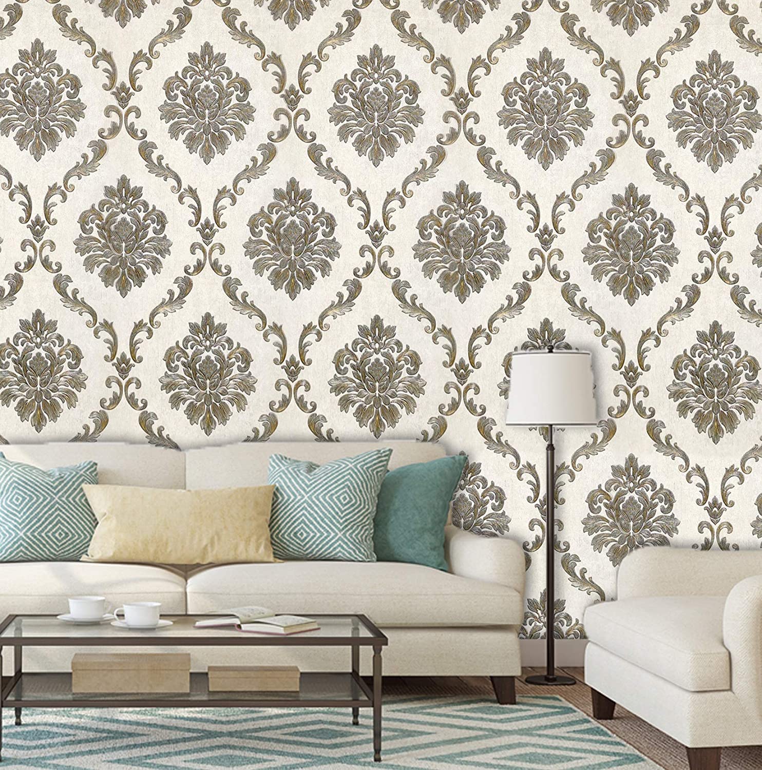 1484x1500 KONARK DESIGNER WALLPAPERS Vinyl Royal Damask Design Wallpaper (Gold and Beige): Amazon.in: Home Improvement