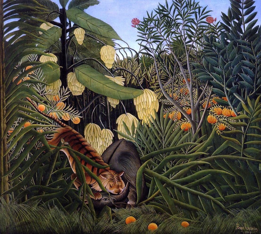 1107x993 Art Oyster Henri Rousseau Fight Between a Tiger and a Buffalo x 20 Premium Canvas Print: Posters & Prints