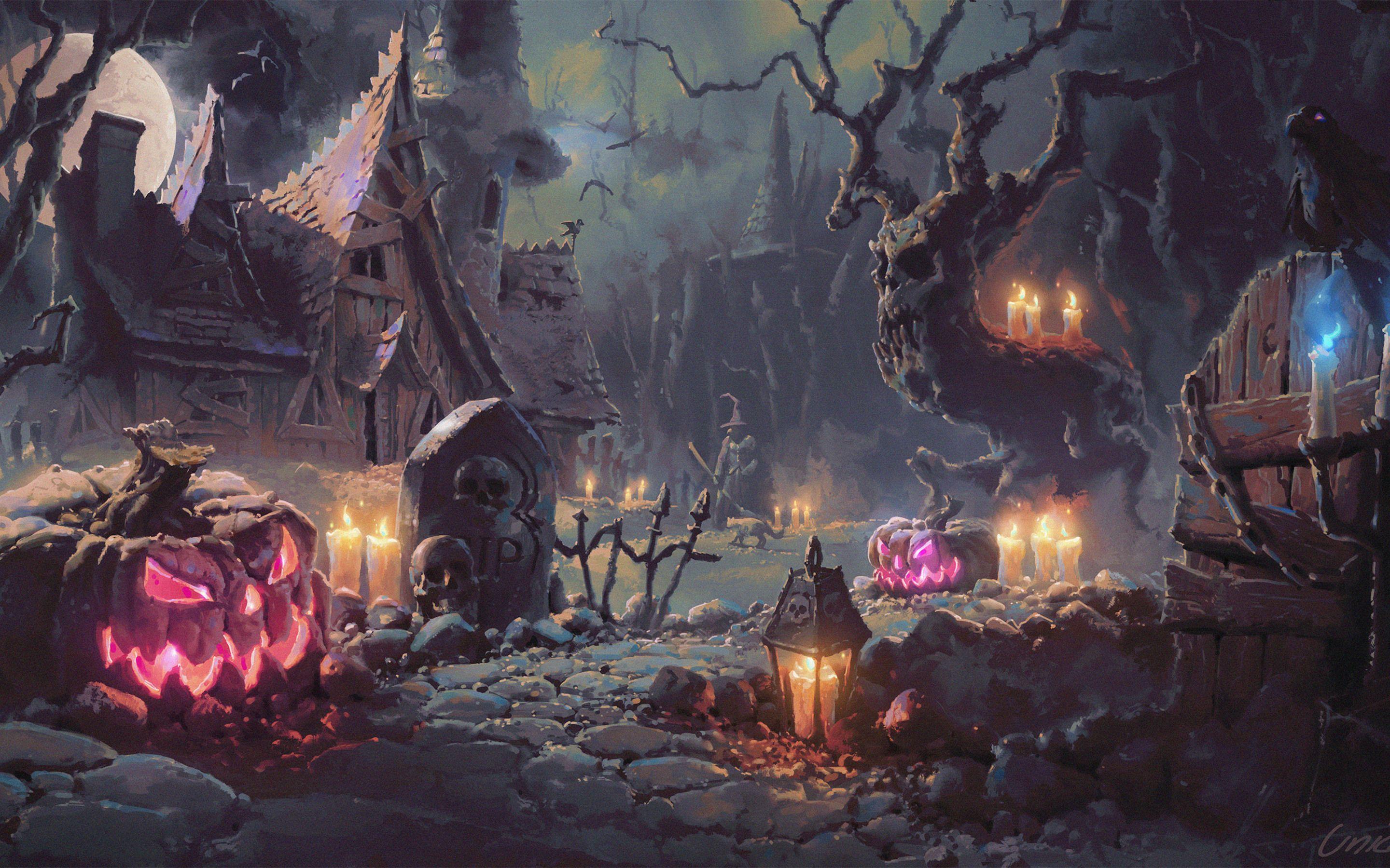 2880x1800 Download wallpaper Halloween, art, witches, forest, pumpkins, darkness, night, Happy Halloween for desktop with resolution 2880x1800. High Quality HD picture wallpaper