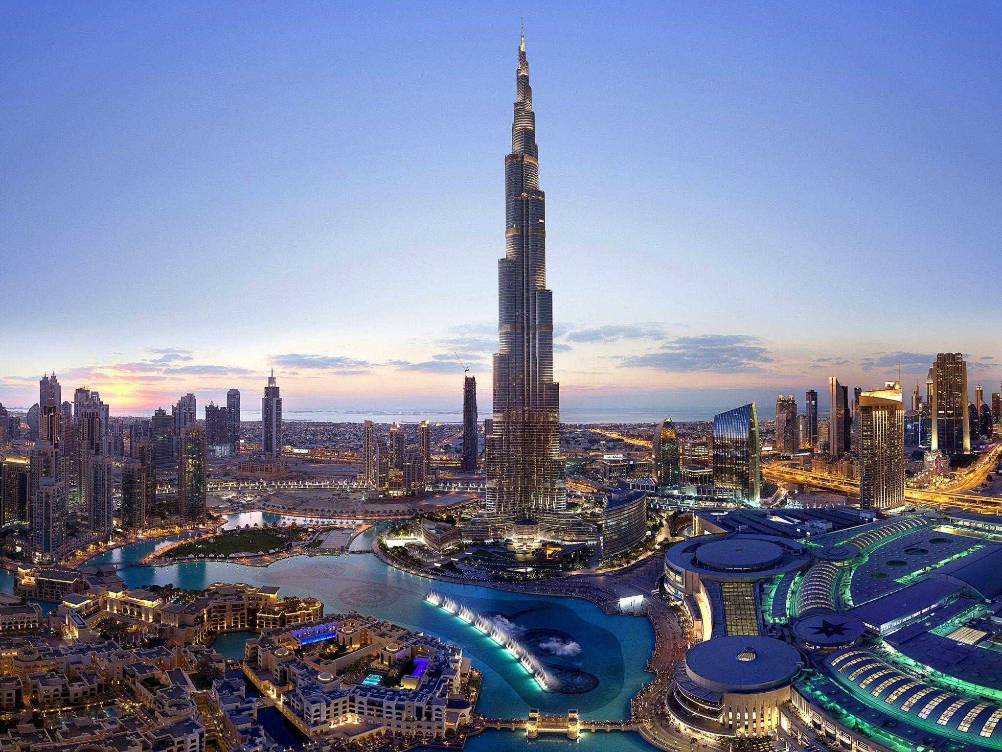 2048x1536 Burj Khalifa 4K Wallpaper, Dubai, Cityscape, Skyscrapers, Dusk, Clearsky, Sunset, Aerial view, World