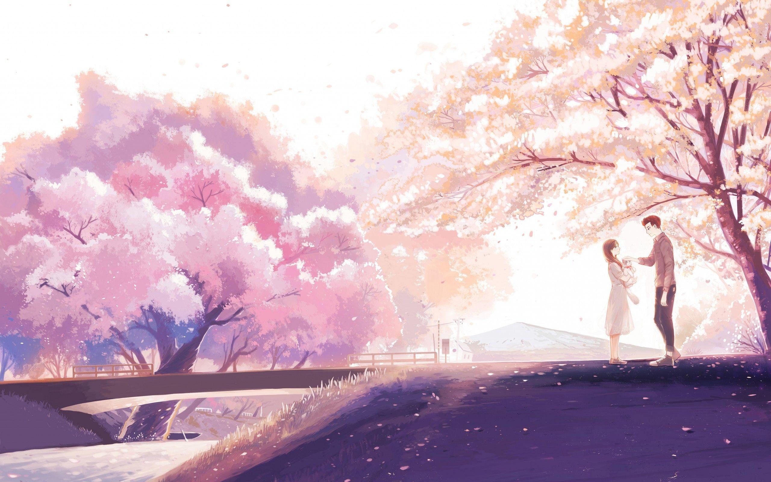 2560x1600 Download 2560x1600 Anime Couple, Cherry Blossom, Romance, River, Bridge, Cat Wallpaper for MacBook Pro 13 inch