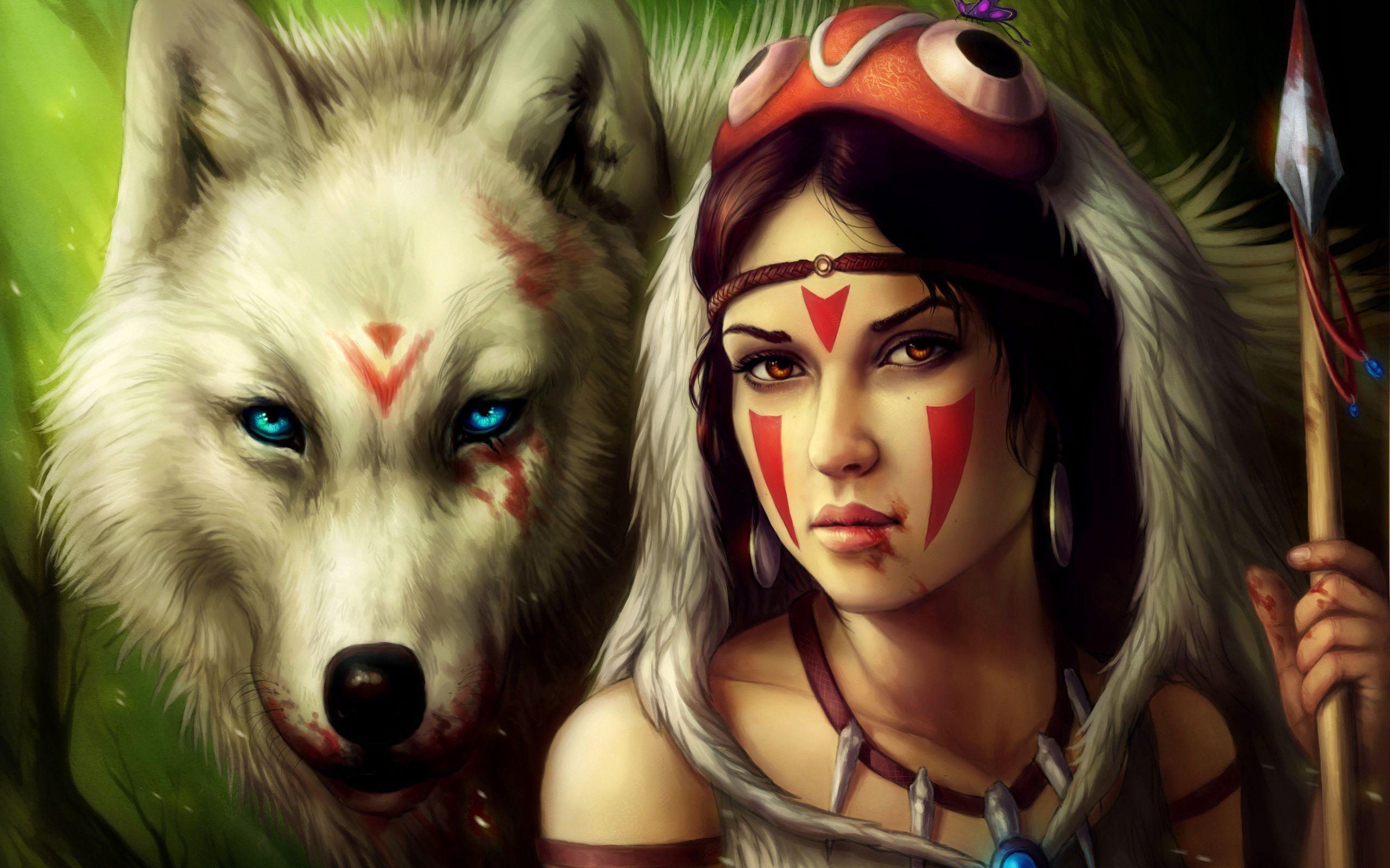 2560x1600 Download wallpaper 2560x1600 girl, spear, warrior, wolf HD background