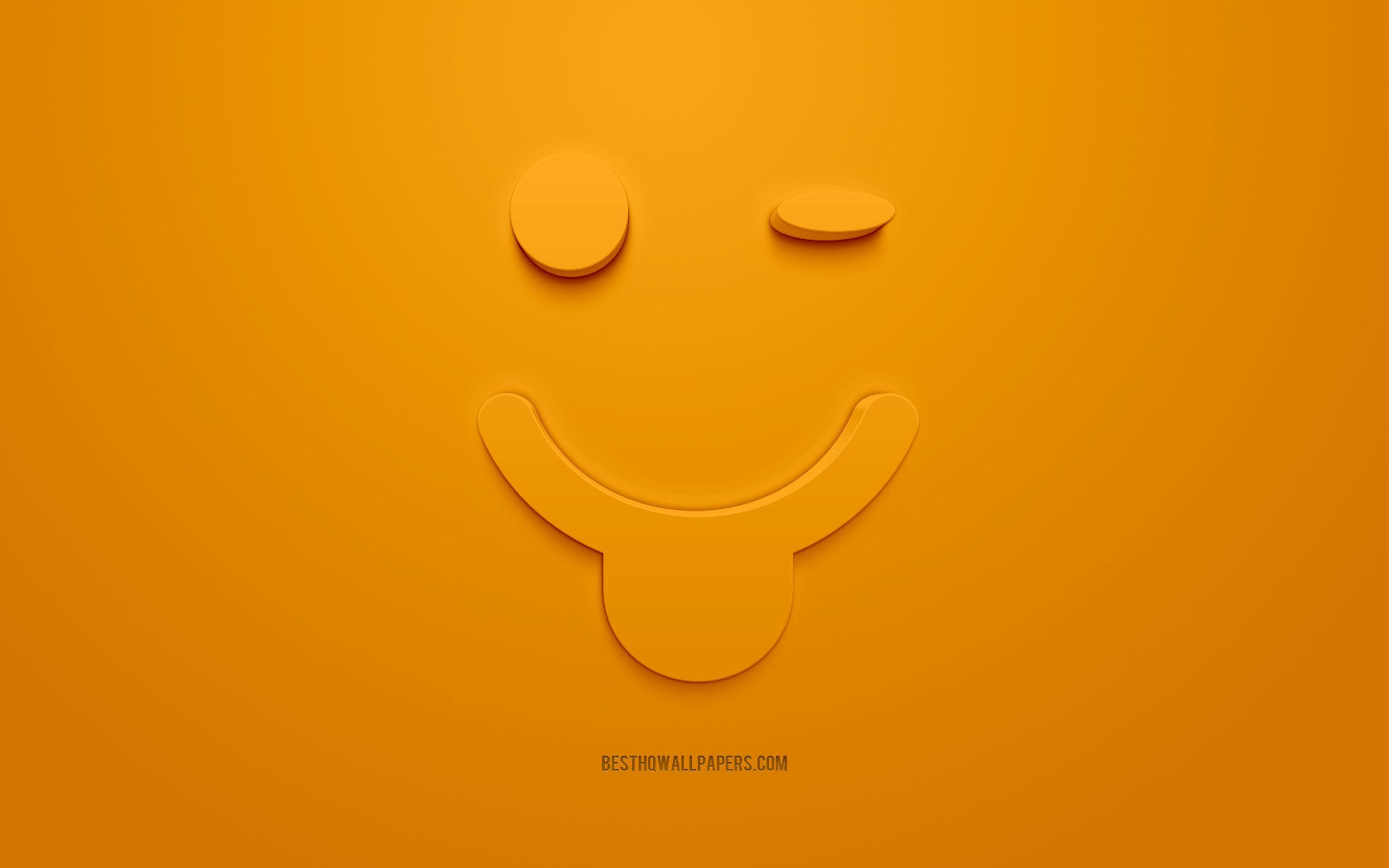 2560x1600 Download wallpaper Winking 3D icon with tongue, winking smiley icons, orange background, 3D art, 3D emotion icons, winking emoticon with tongue for desktop with resolution 2560x1600. High Quality HD picture wallpaper