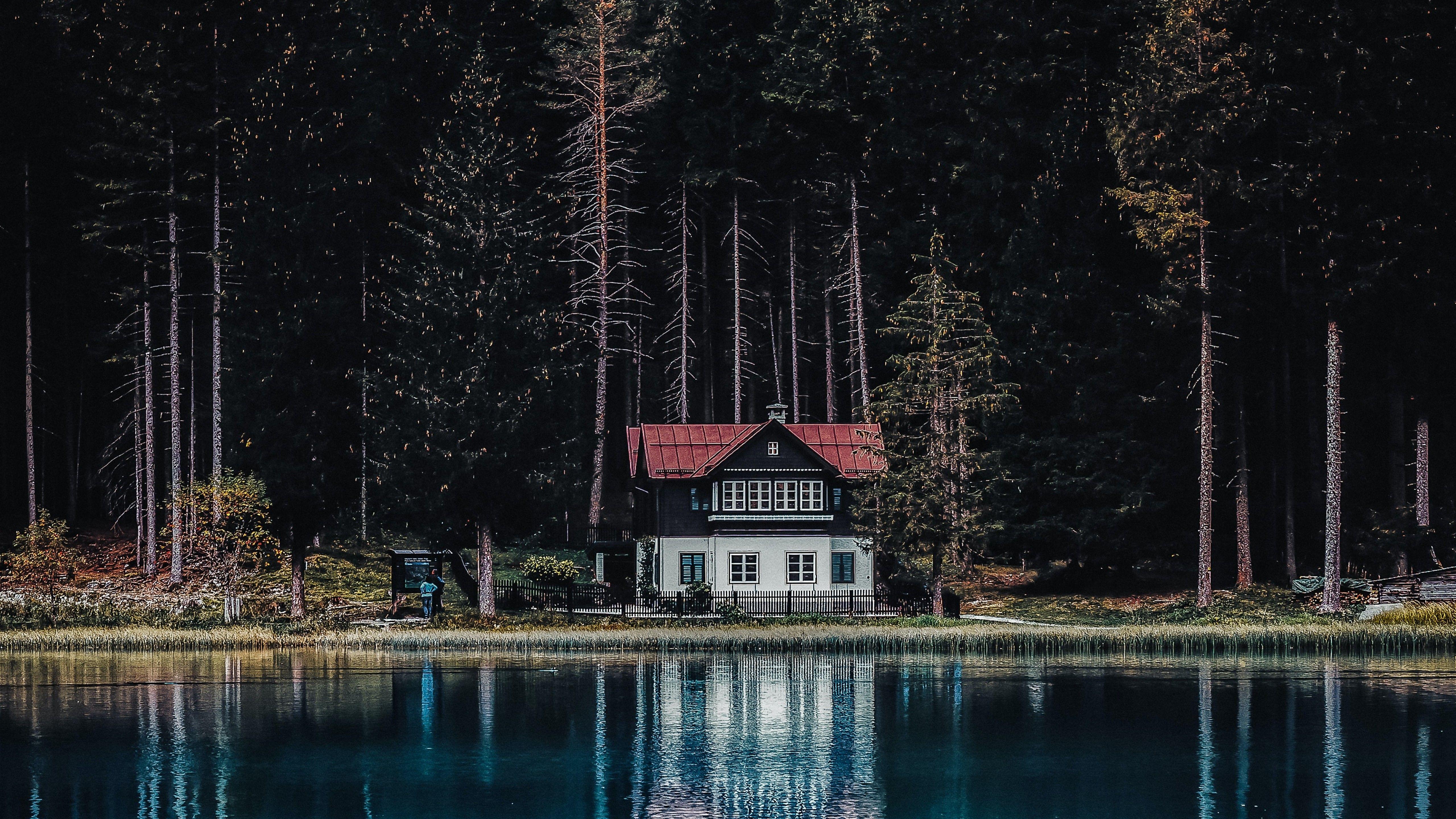 5120x2880 Dark Forest 4K Wallpaper, House, Tall Trees, Woods, Lake, Body of Water, Reflection, Landscape, Nature