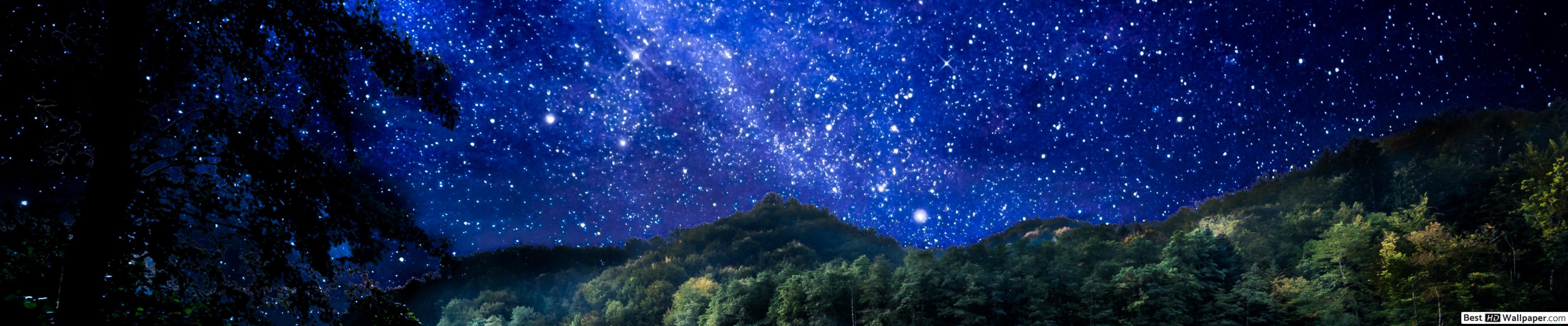 4320x900 Starry Sky over Mountain and Lake HD wallpaper download