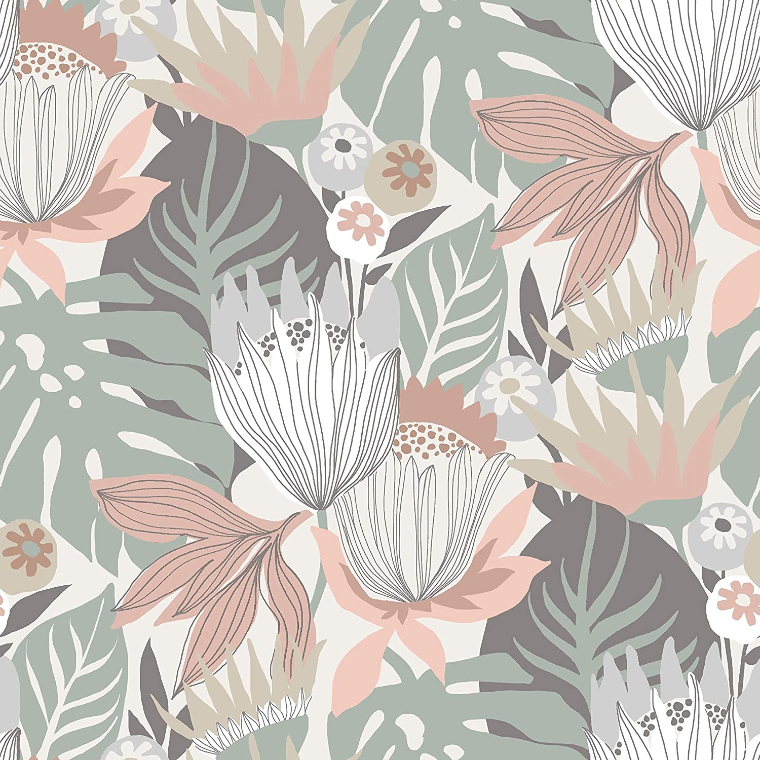 1500x1500 RoomMates Retro Tropical Leaves Pink & Green Peel and Stick Wallpaper. Removable Wallpaper. Self Adhesive Wallpaper: Home Improvement