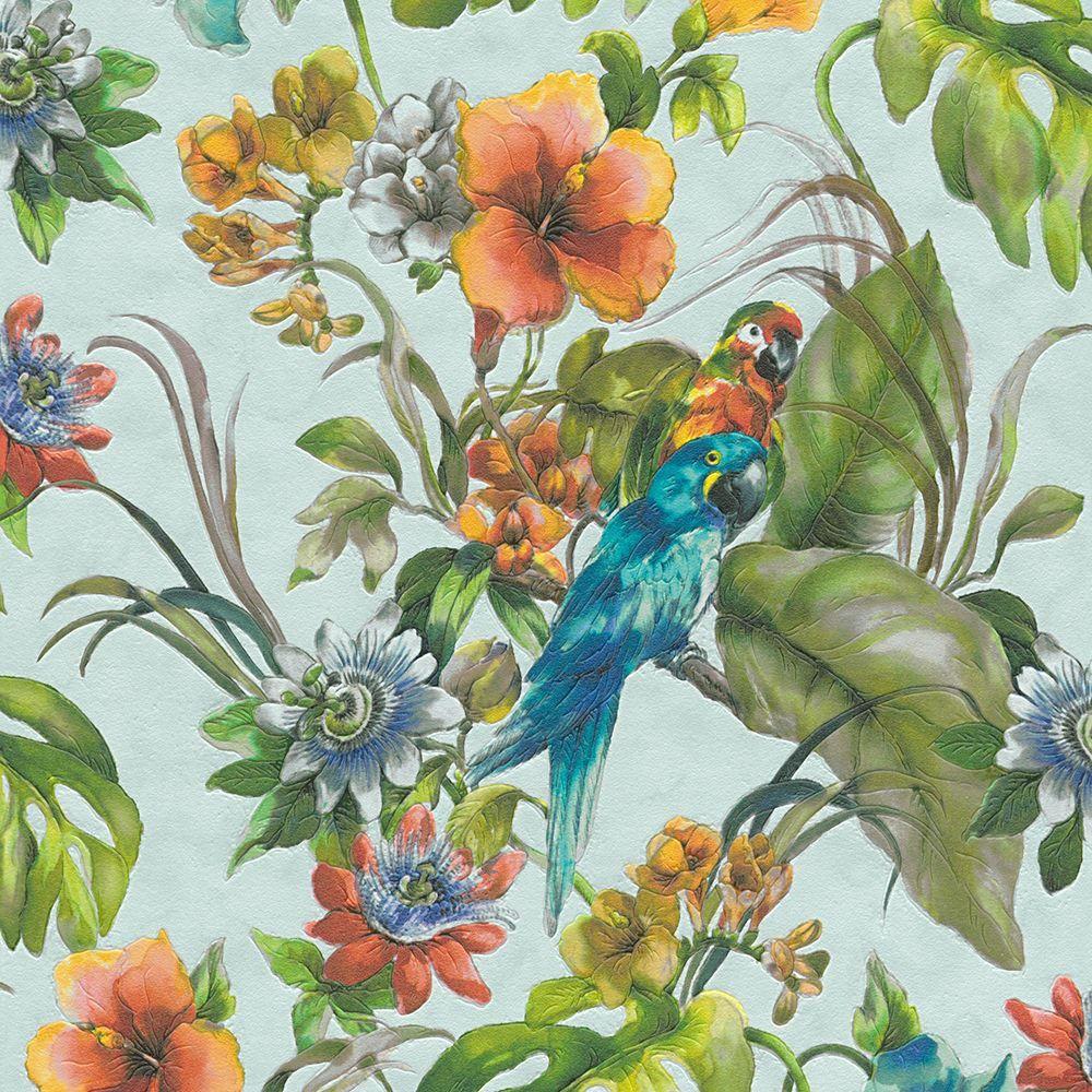 1000x1000 Tropical Parrots Wallpaper Birds Floral Green Blue Orange Watercolour Vinyl