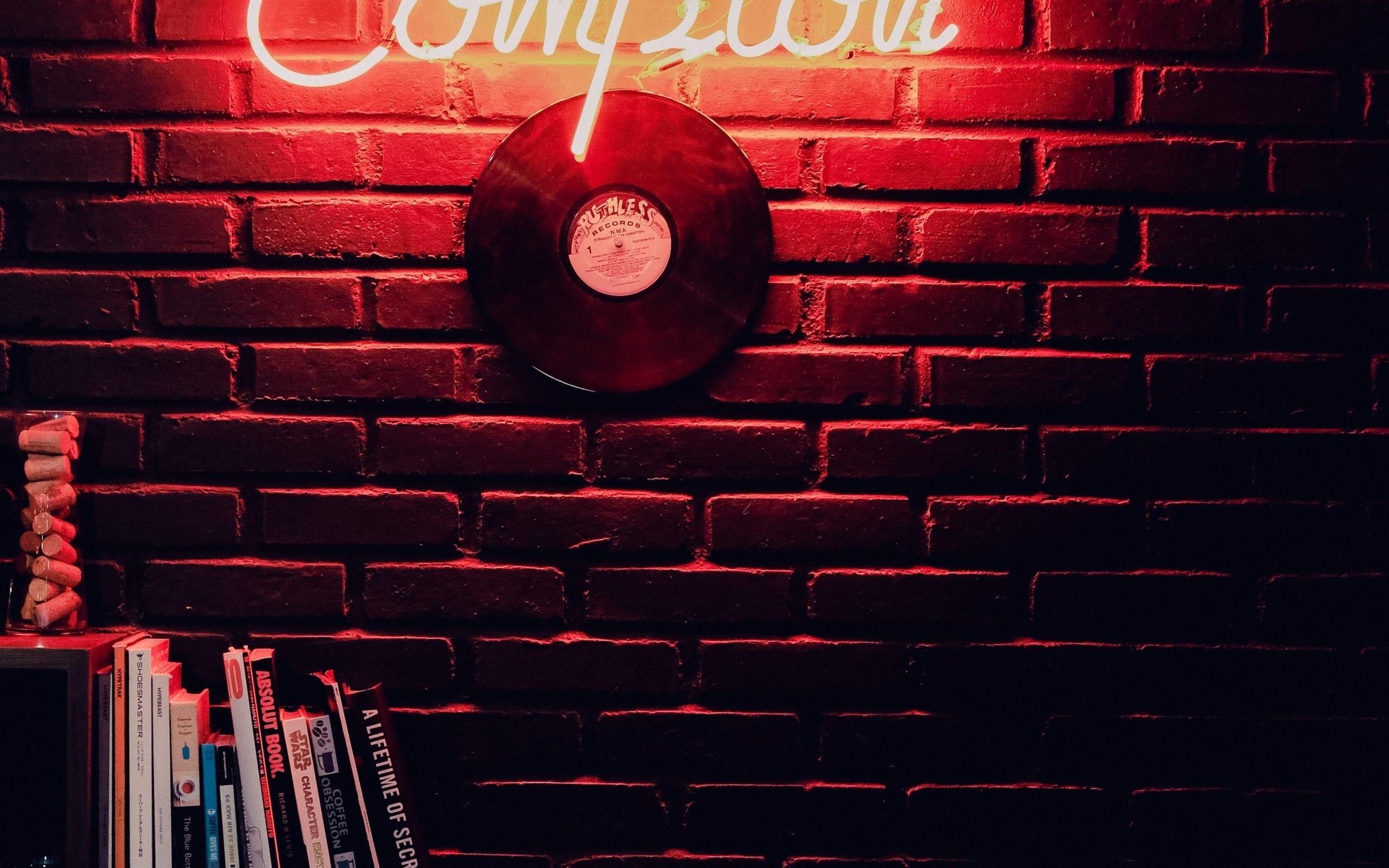 2560x1600 Download 2560x1600 Vinyl Record, Neon Light, Wall, Books Wallpaper for MacBook Pro 13 inch