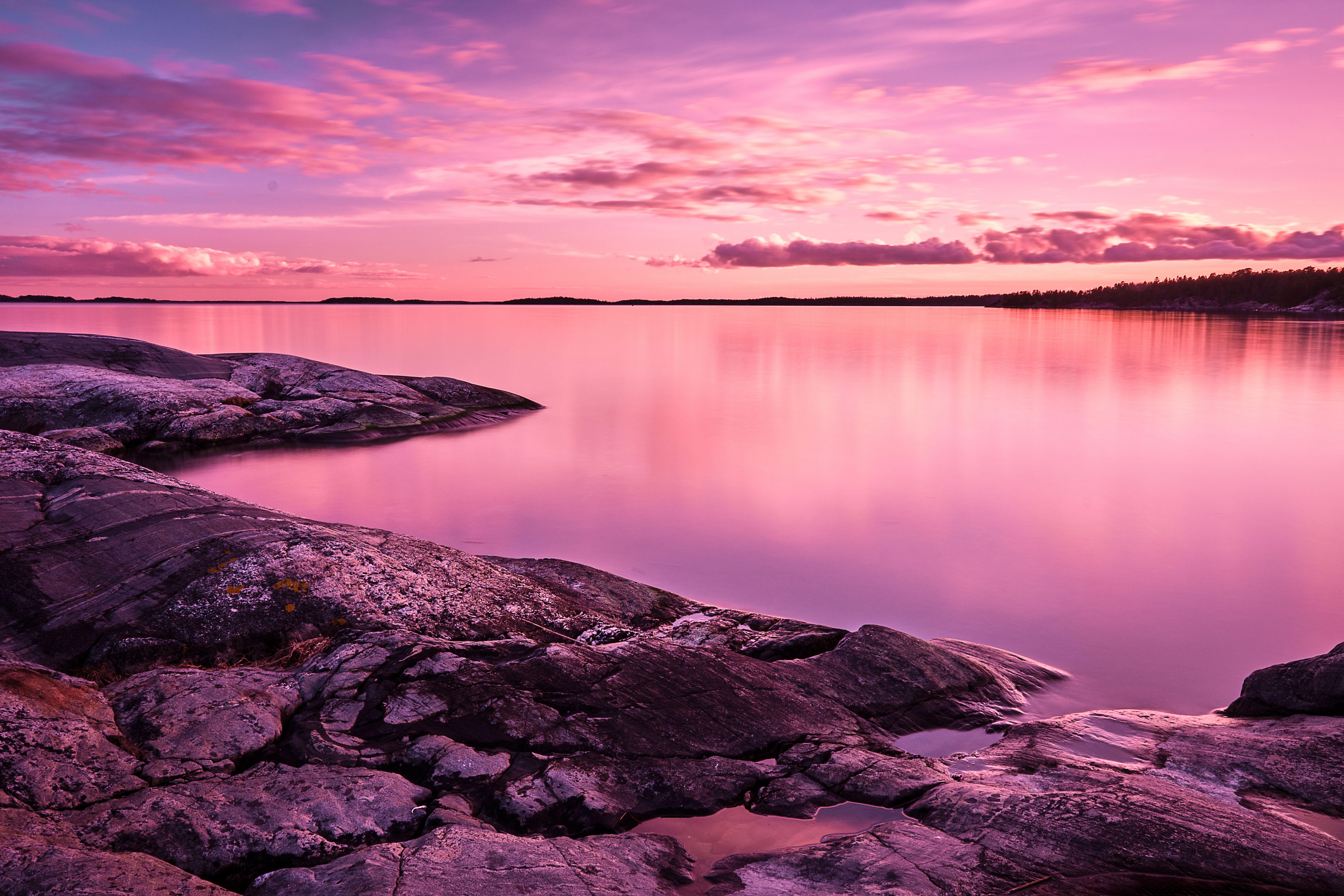 8192x5461 Sunset Wallpaper 4K, Scenery, Lake, Rocks, Pink sky, 8K, Nature