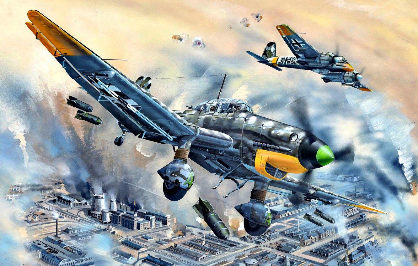 1332x850 Wallpaper Attack, Dive Bomber, Stuka, Specialized, SC Bombs, SC Ju 87D Henschel Hs For Desktop, Section авиация