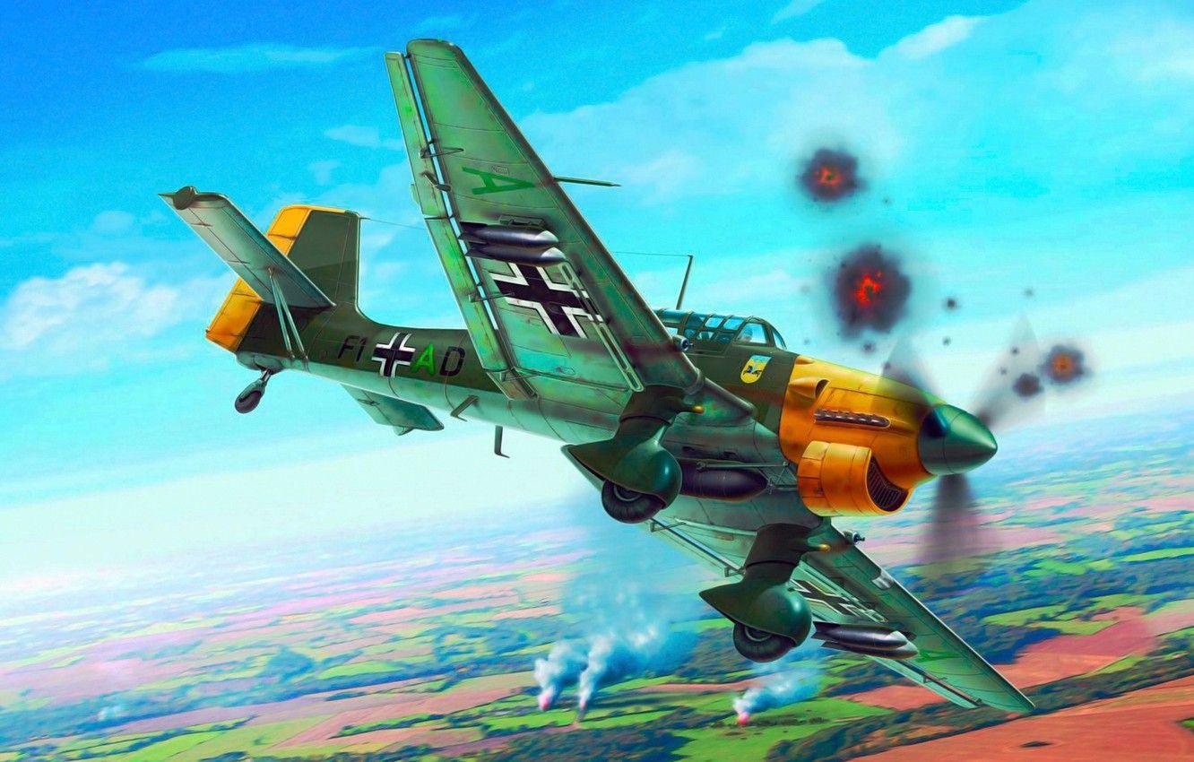 1332x850 Wallpaper war, art, airplane, painting, aviation, ww Junkers Ju 87 Stuka image for desktop, section авиация