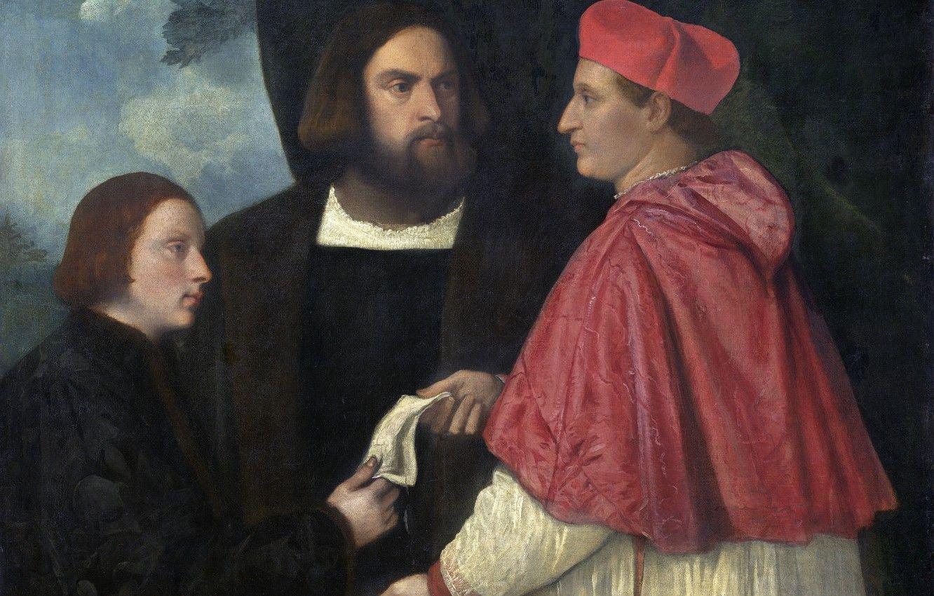 1332x850 Wallpaper Titian and his apprentices, Girolamo and cardinal Marco, 1520 approx. image for desktop, section живопись