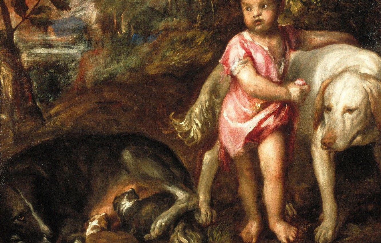 1332x850 Wallpaper puppies, Boy with dogs, Titian Vecellio image for desktop, section живопись