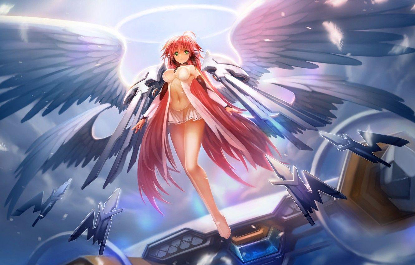 1332x850 Wallpaper girl, weapons, wings, anime, art, halo, hanshu, sora no otoshimono, ikaros image for desktop, section прочее