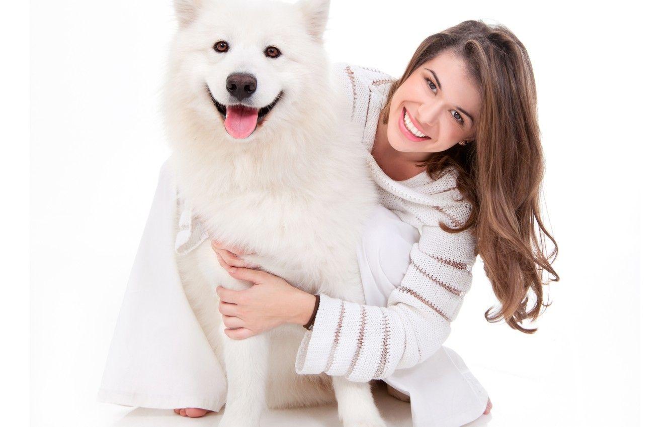 1332x850 Wallpaper girl, joy, smile, dog, husky, sweater image for desktop, section настроения