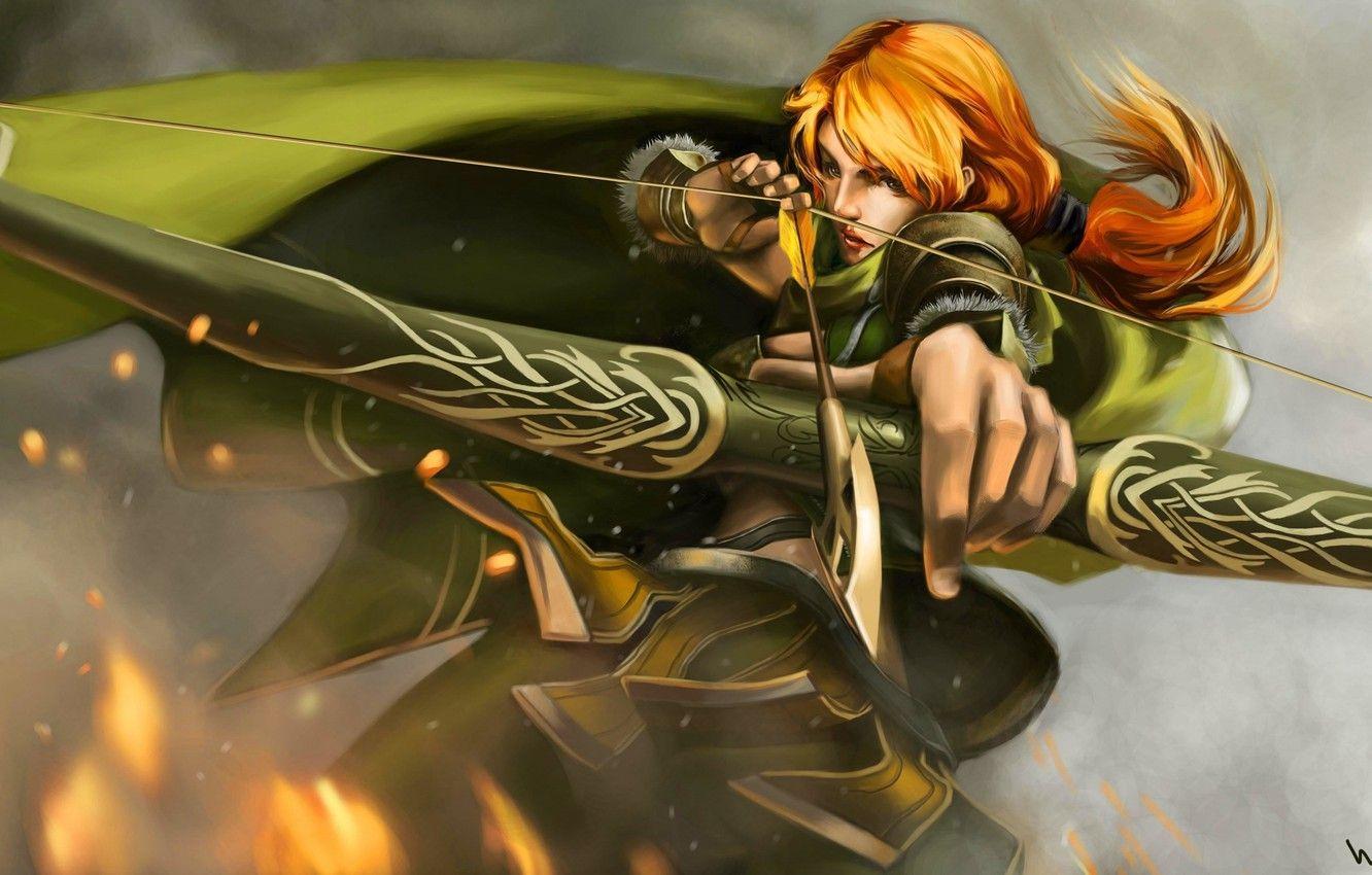 1332x850 Wallpaper green, fire, bow, red, shooting, cloak, Dota windranger image for desktop, section игры