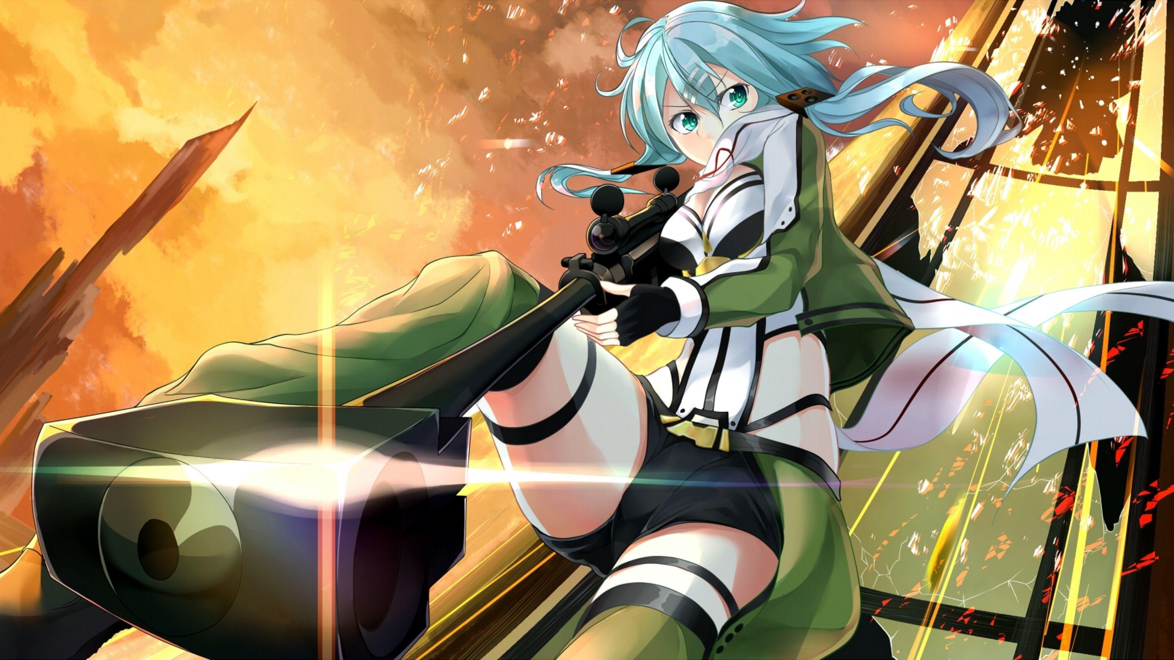 3840x2160 Download 3840x2160 Sword Art Online, Shinon, Gun, Aqua Hair, Worm View, Gun Gale Online Wallpaper for UHD TV