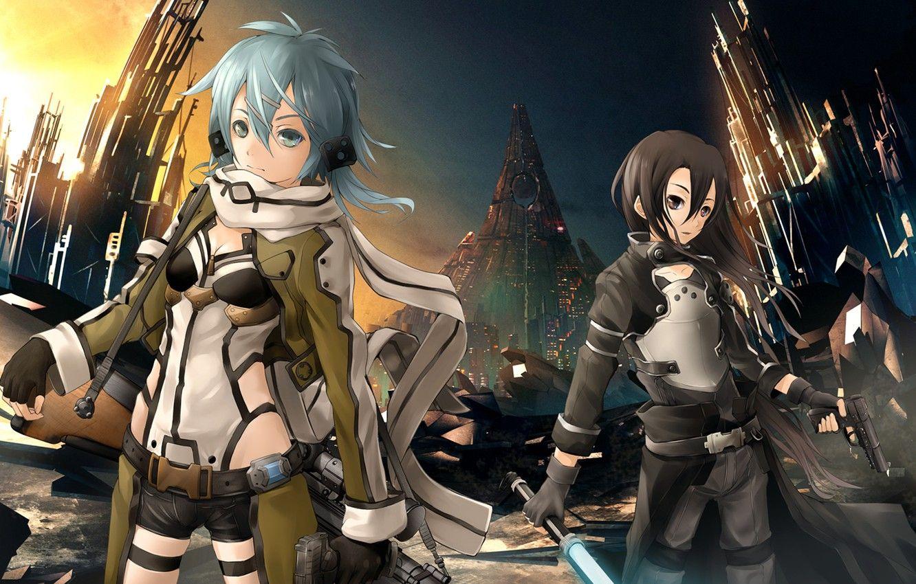 1332x850 Wallpaper weapons, girls, Sword Art Online, Kirito, Kirigaya Kazuto, Gun Gale Online, Shinon, Shino Wand image for desktop, section сёнэн