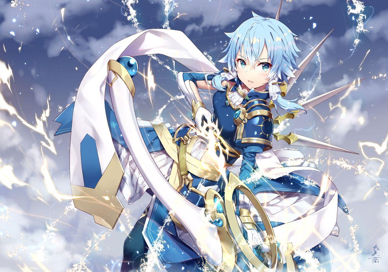1283x900 blue hair bow (weapon) clouds gabiran gloves green eyes shinon (sao) short hair sky sword art online weapon. konachan.com.com Anime Wallpaper