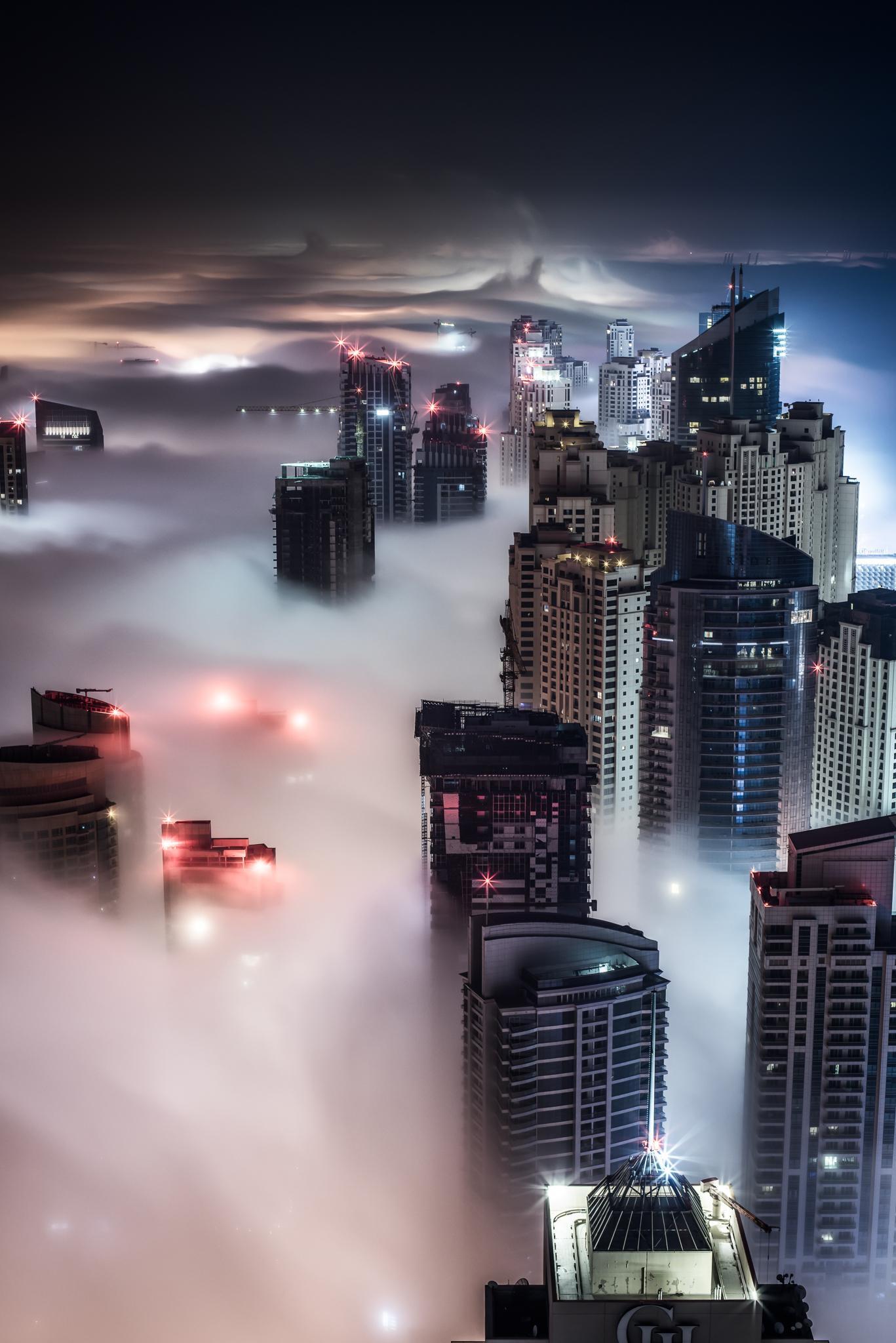 1367x2048 City Night Skyscrapers Fog Wallpaper Wallpaper Mobile HD Wallpaper & Background Download