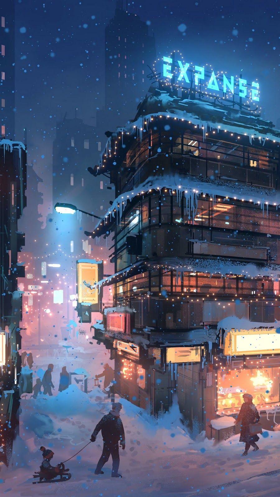 900x1600 City winter digital art mobile wallpaper, snow, people Mobile Walls