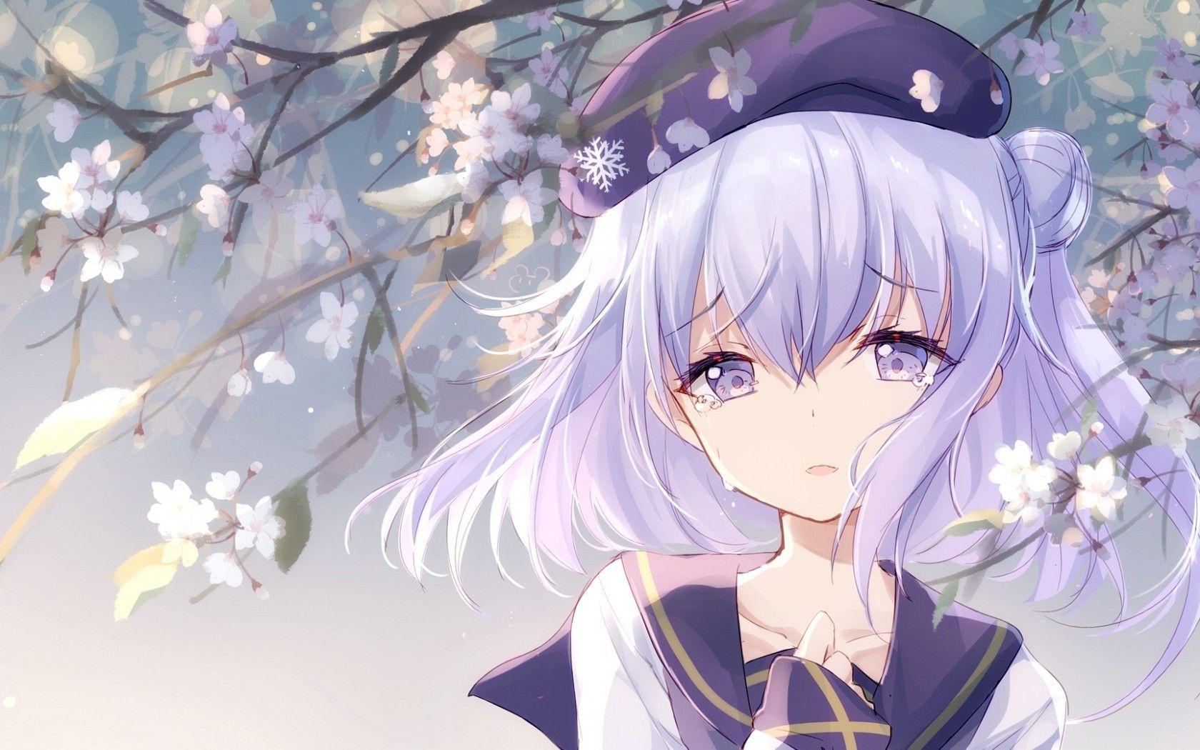 1680x1050 Download 1680x1050 Anime Girl, Crying, Tears, Silver Hair, Cherry Blossom Wallpaper for MacBook Pro 15 inch