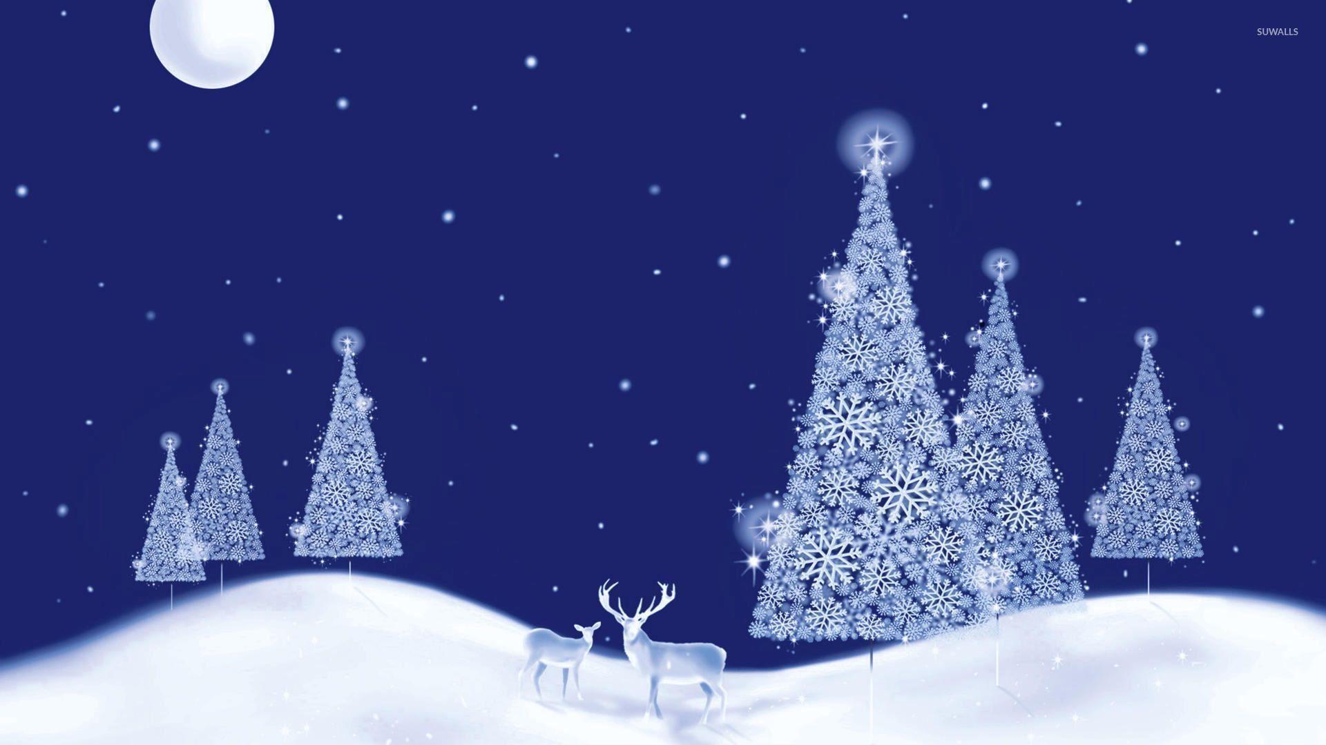 1920x1080 Glowing white Christmas trees on a beautiful winter night wallpaper wallpaper
