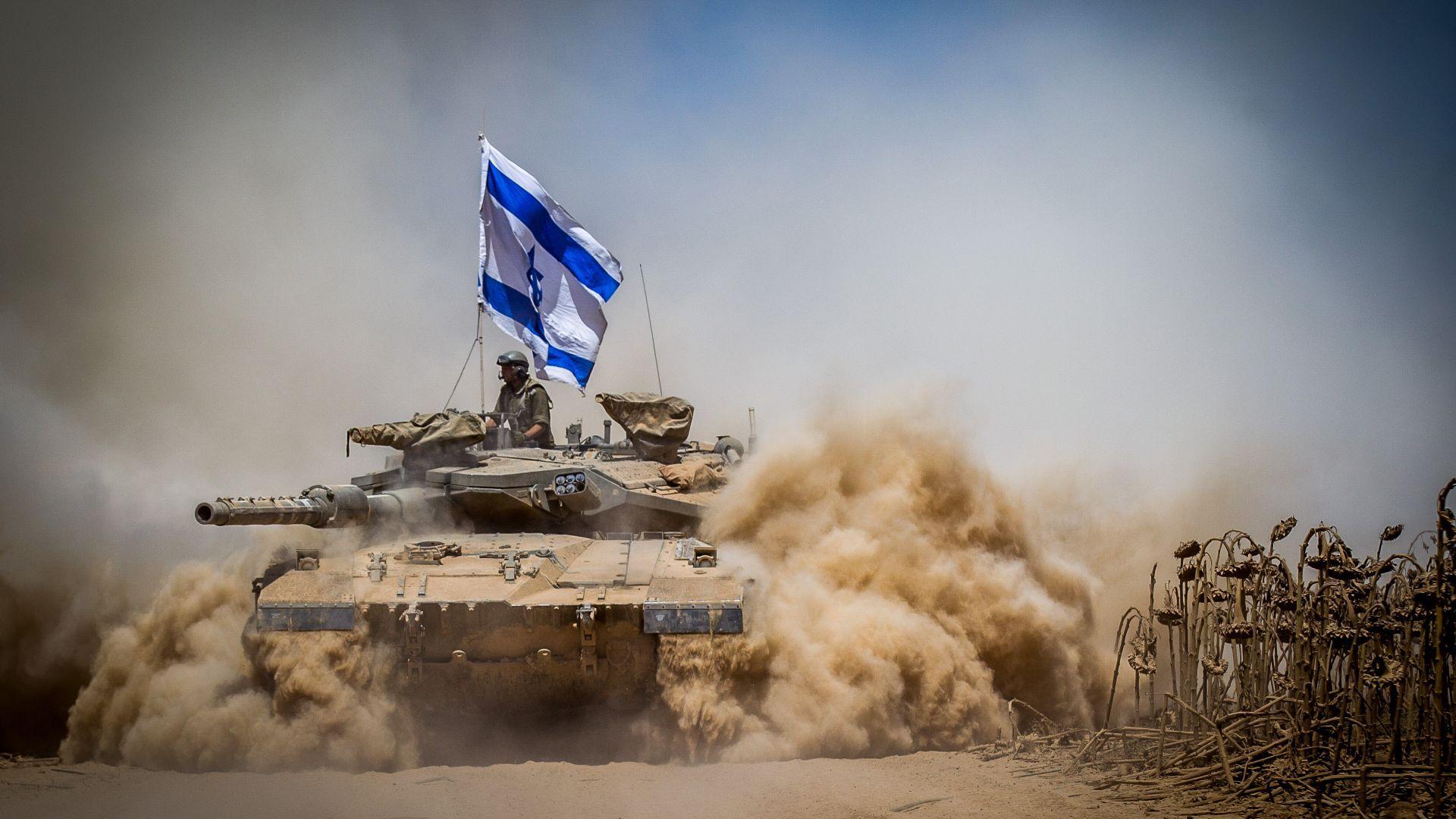 1920x1080 Wallpaper Merkava Mark IV, tank, flag, Israel Army, Israel Defense Forces, desert, Military