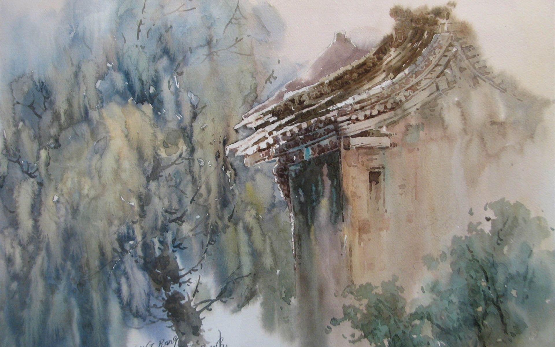 1920x1200 Wallpaper Watercolor painting, chinese countryside house 1920x1440 HD Picture, Image