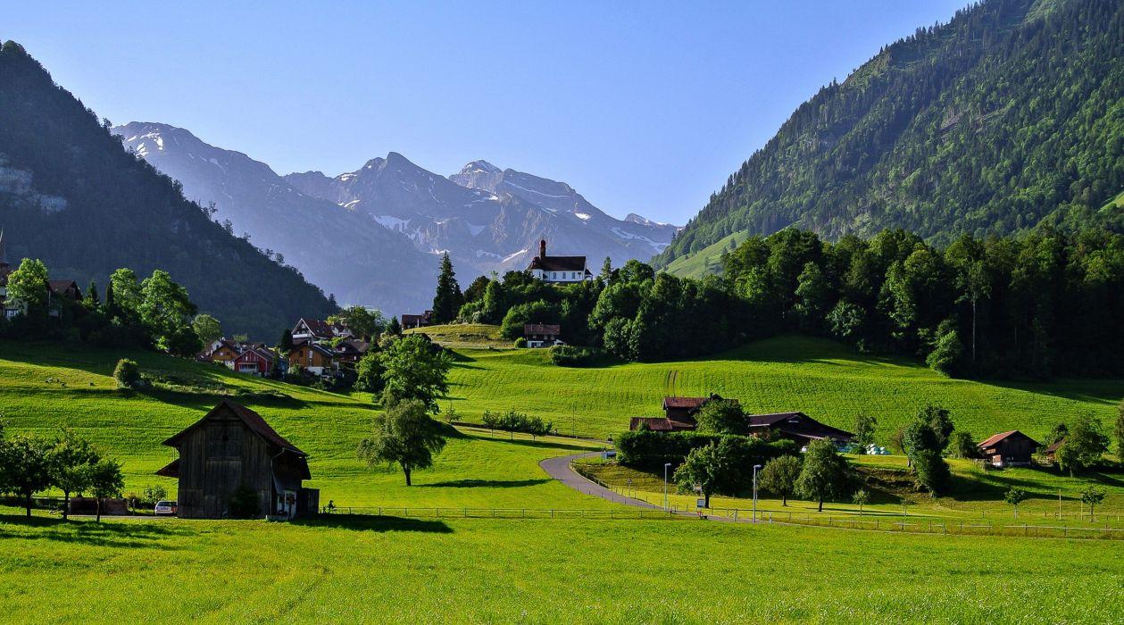 1259x700 Switzerland town countryside landscapes houses trees grass green spring nature forest beauty life mountains farms wallpaperx2136