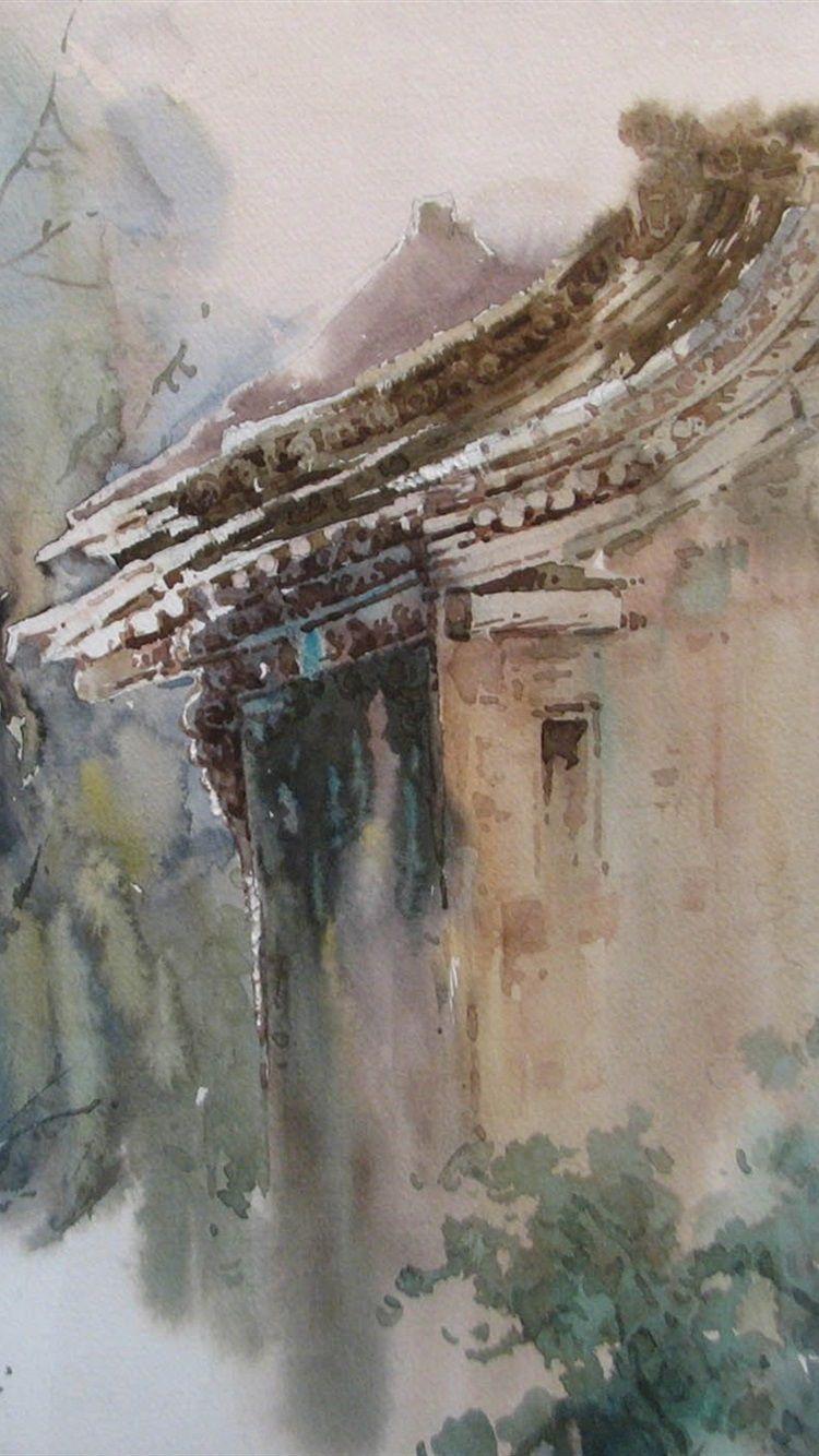 750x1334 iPhone Wallpaper Watercolor Painting, Chinese Countryside