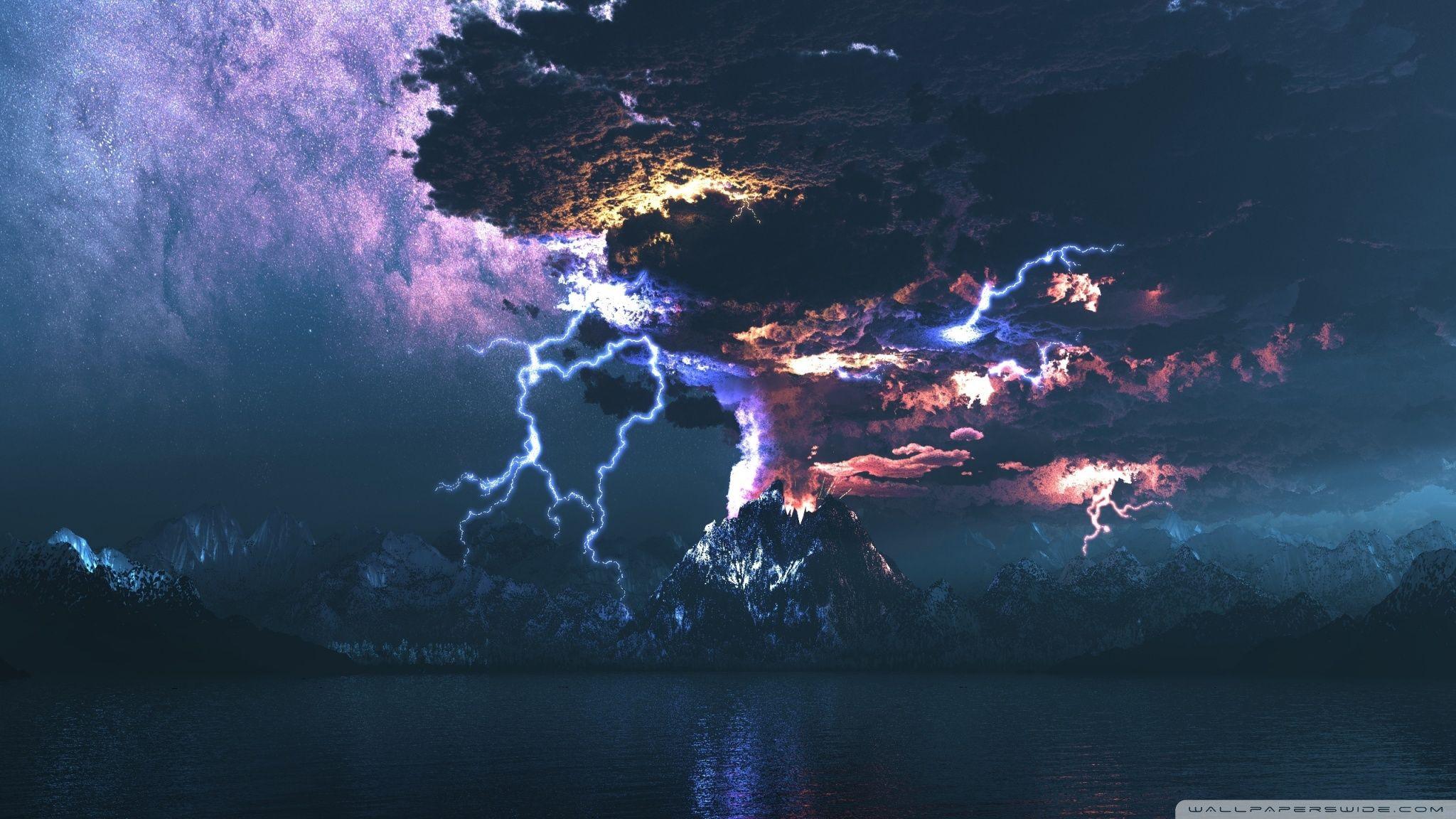 2048x1152 Volcano Eruption Lightning Ultra HD Desktop Background Wallpaper for 4K UHD TV : Tablet