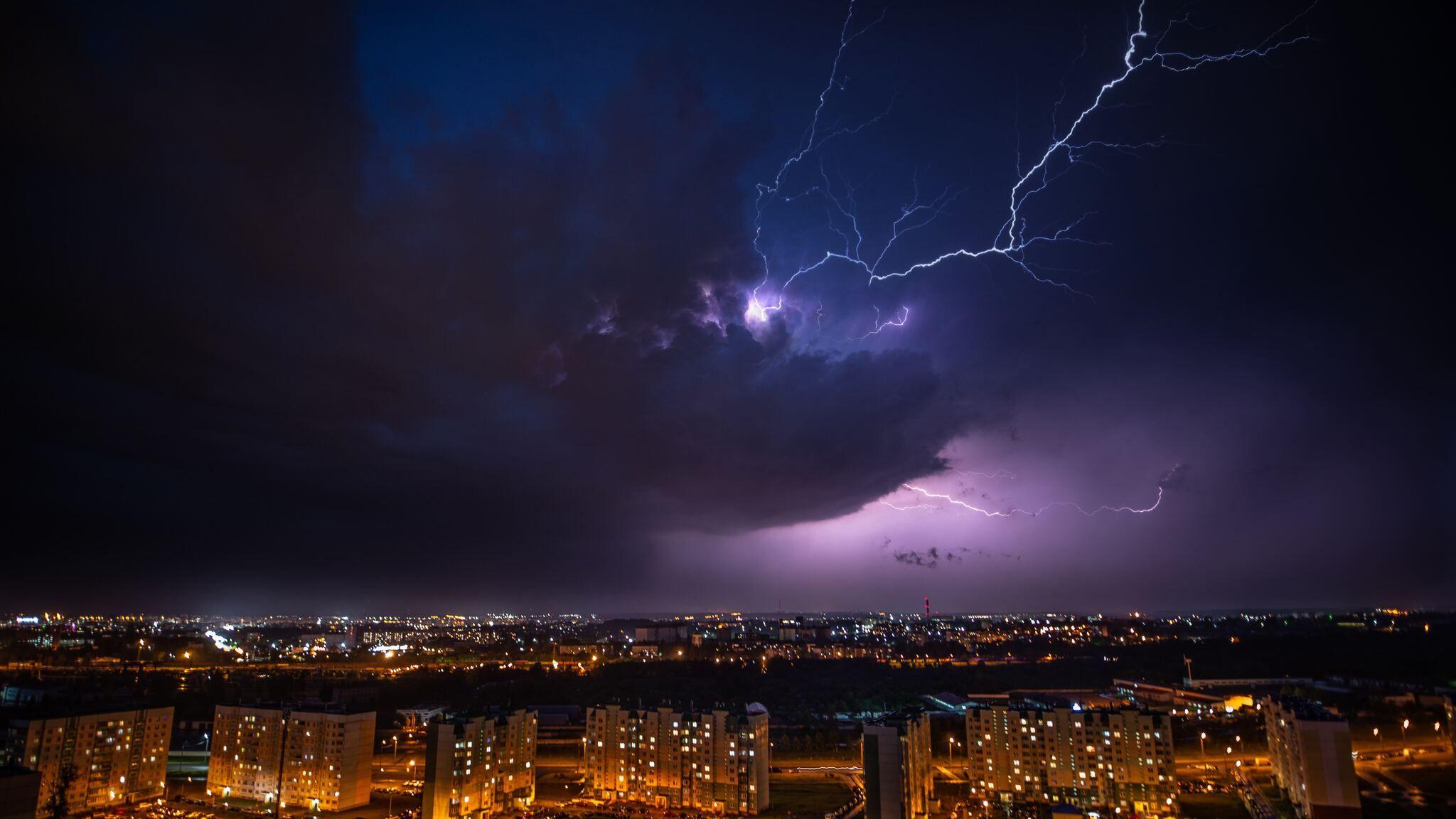 2048x1152 Cityscape Lightning Under Purple Sky 5k 2048x1152 Resolution HD 4k Wallpaper, Image, Background, Photo and Picture