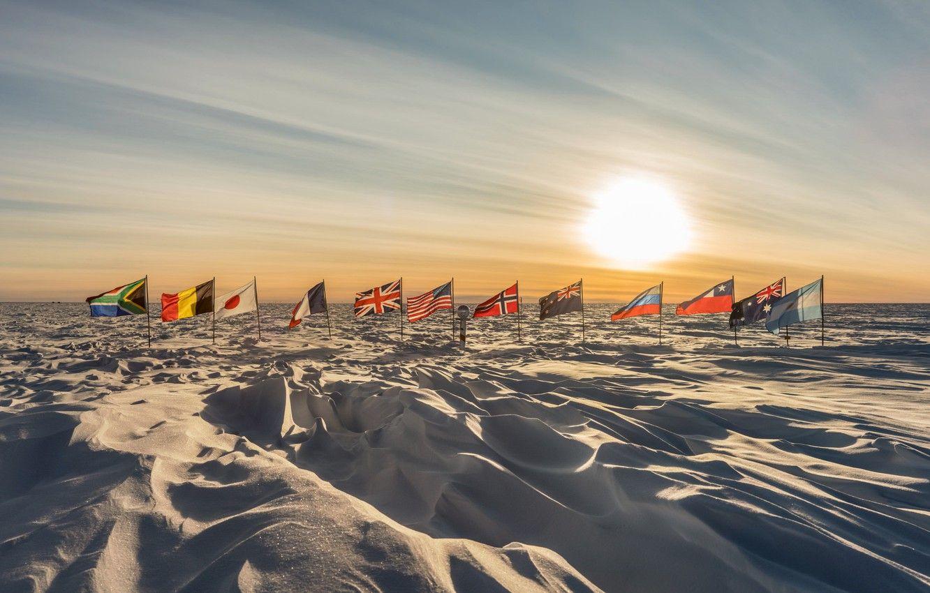 1332x850 Wallpaper Sunrise, flags, antarctica, South Pole image for desktop, section пейзажи