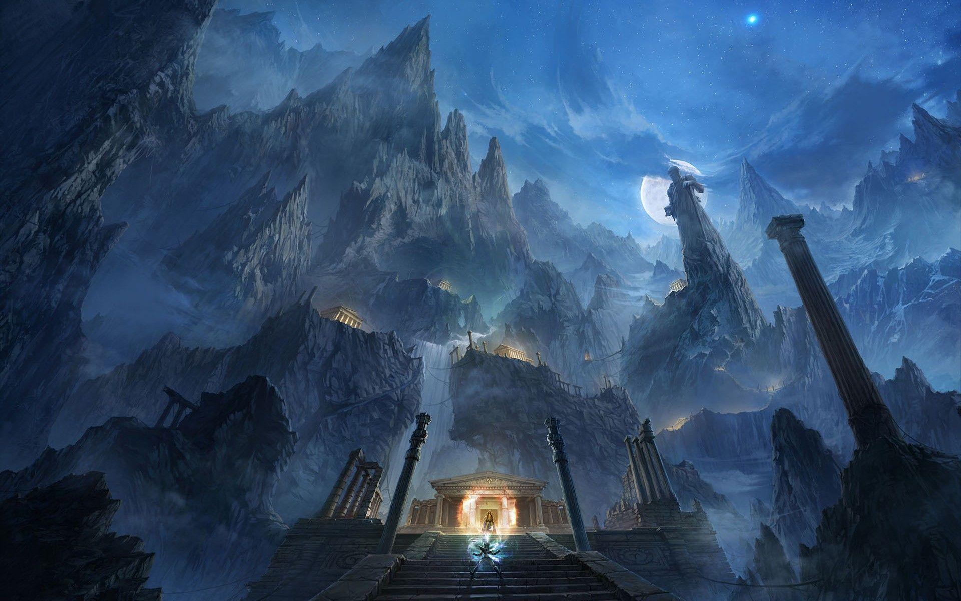 1920x1200 #Moon, #night, #artwork, #fantasy art, #mountains, #Saint Seiya, #Athens wallpaper