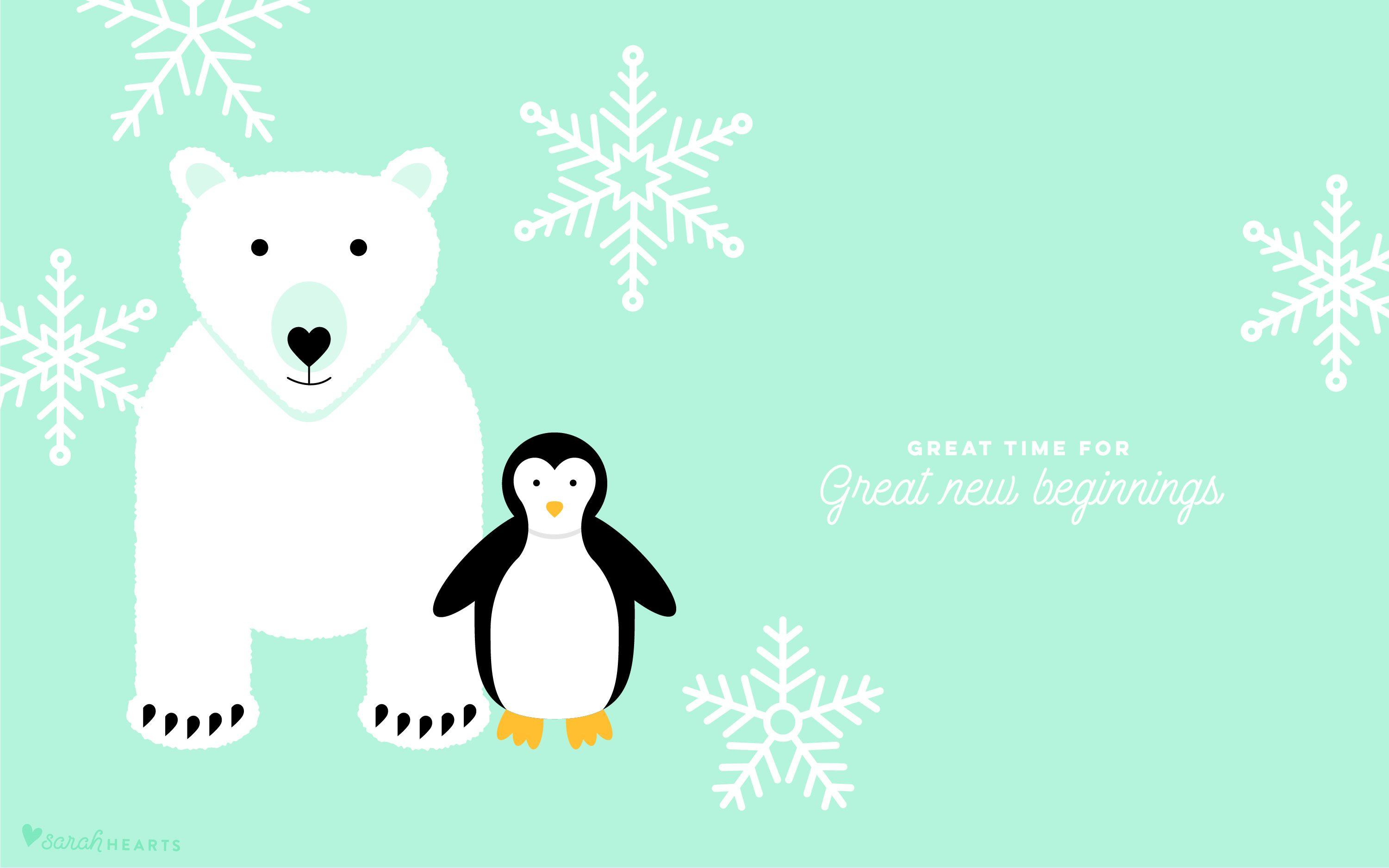3001x1876 Polar Bear and Penguin January 2018 Calendar Wallpaper