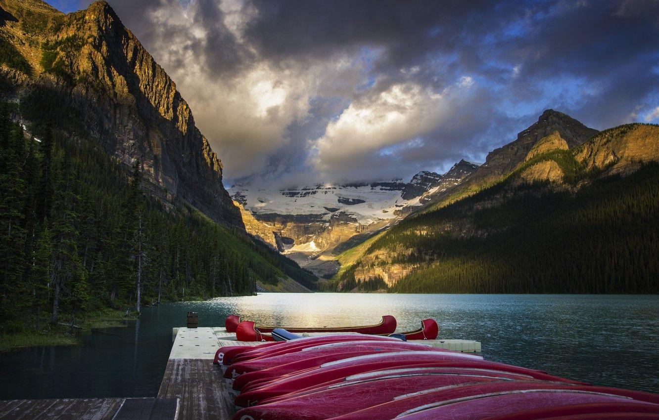 1332x850 Wallpaper forest, mountains, nature, lake, Alberta, Lake Louise, Canada, Canoe image for desktop, section пейзажи