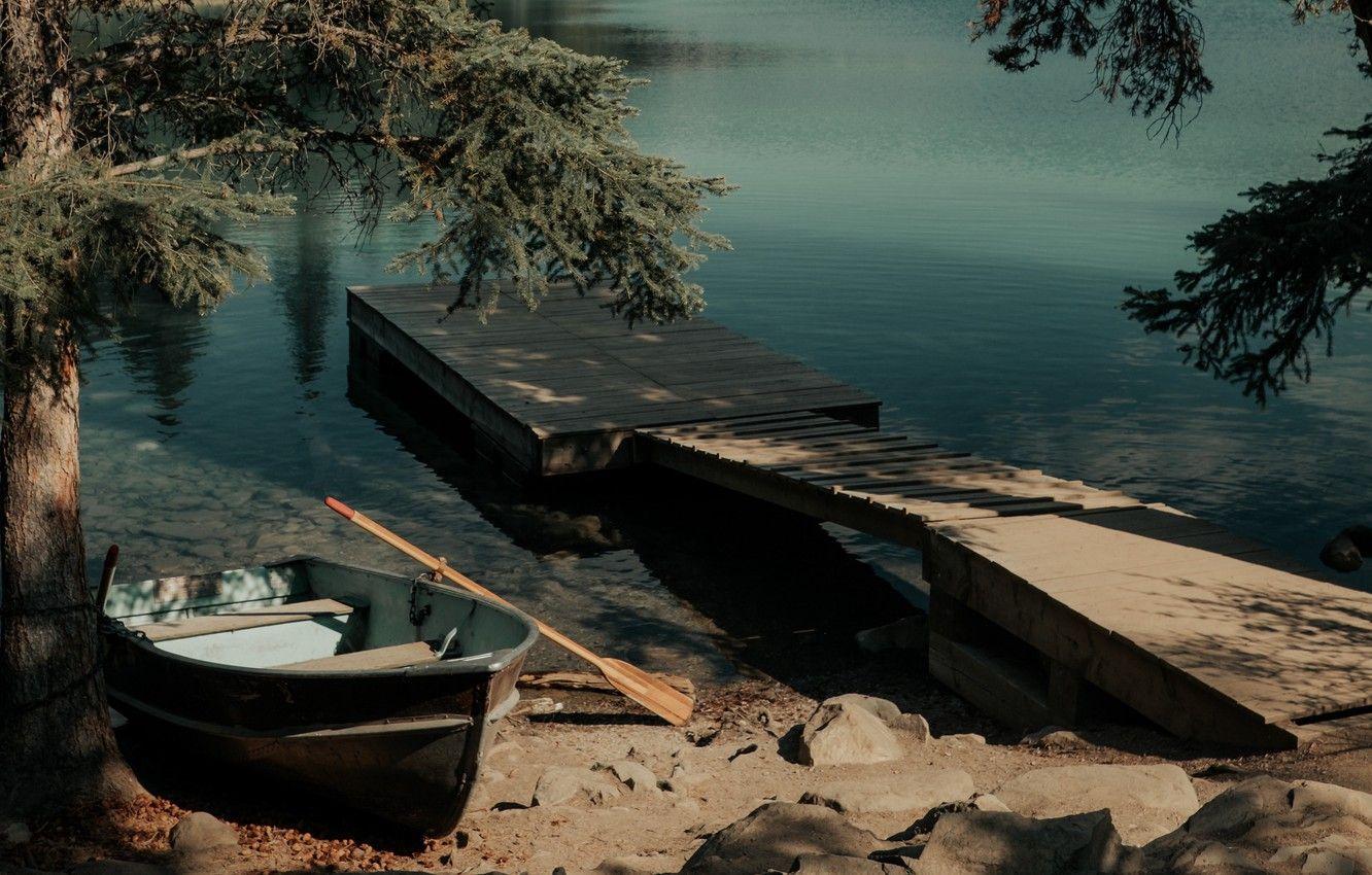 1332x850 Wallpaper wallpaper, trees, nature, lake, rocks, landscapes, sand, shore, pier, boat, canoe, oars image for desktop, section пейзажи