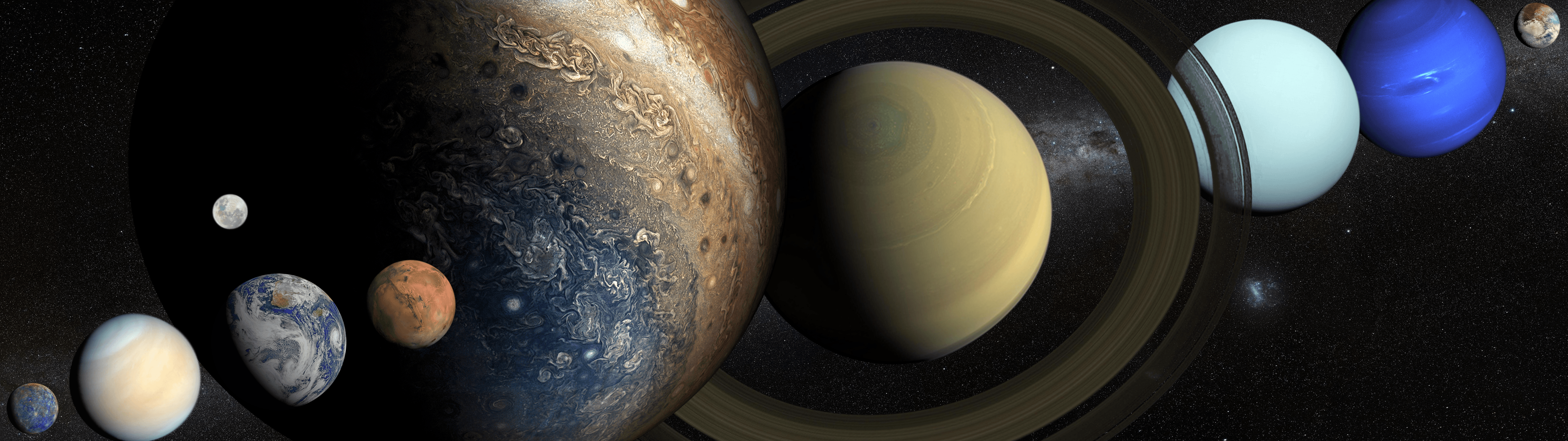 5120x1440 Solar System, Venus, Neptune, Mercury, Jupiter, Saturn, Uranus, Earth, Mars, Pluto, Milky Way, Moon, spacex1440 Wallpaper