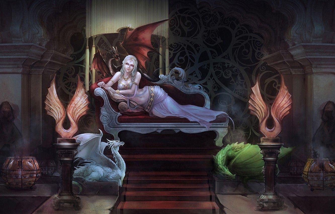 1332x850 Wallpaper girl, sofa, dragons, art, columns, the throne, Game Of Thrones, A song of Ice and Fire, Viserion, Daenerys Targaryen, Raehal, Drogon image for desktop, section фантастика