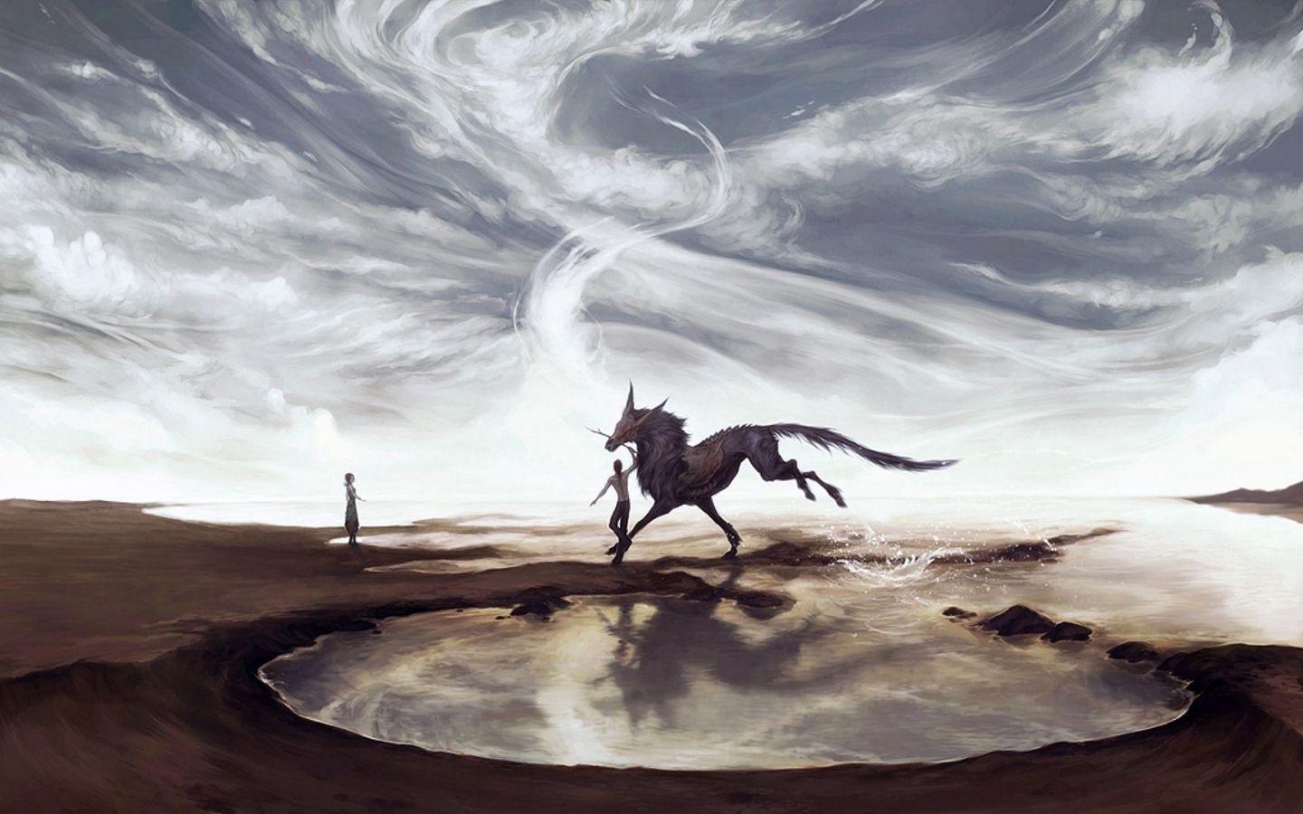 1440x900 Download wallpaper 1440x900 being, horse, dragon, game, sea, wind
