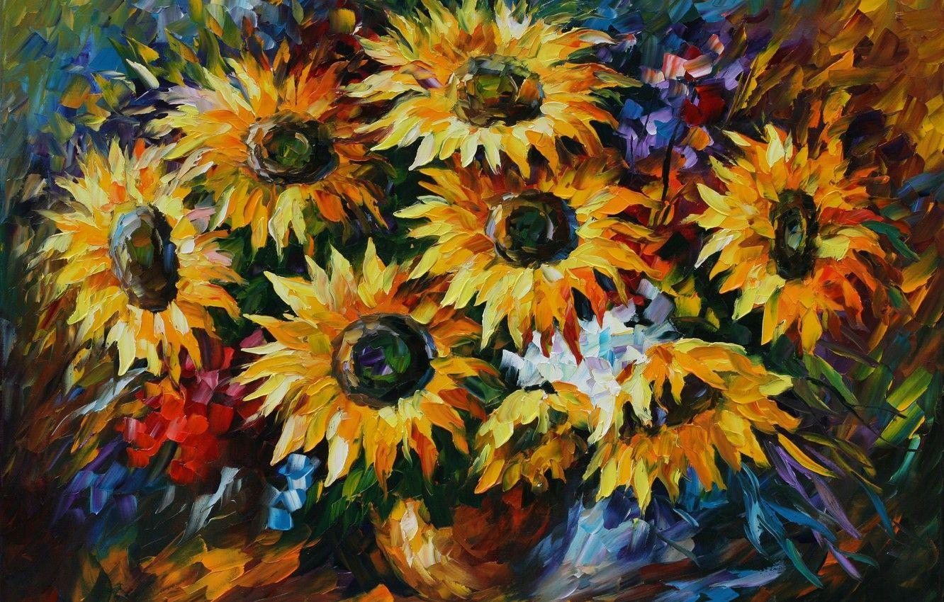 1332x850 Wallpaper sunflowers, flowers, painting, Leonid Afremov image for desktop, section живопись