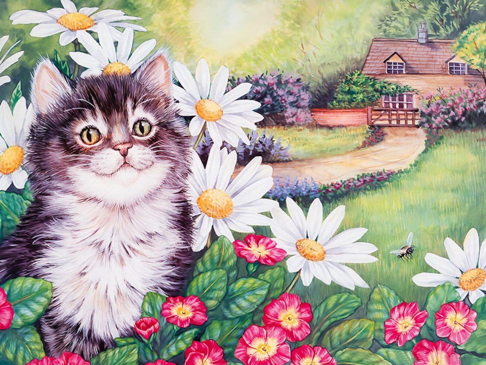 1600x1200 Kitten Flowers Painting Wallpaper. Free Kitty Image